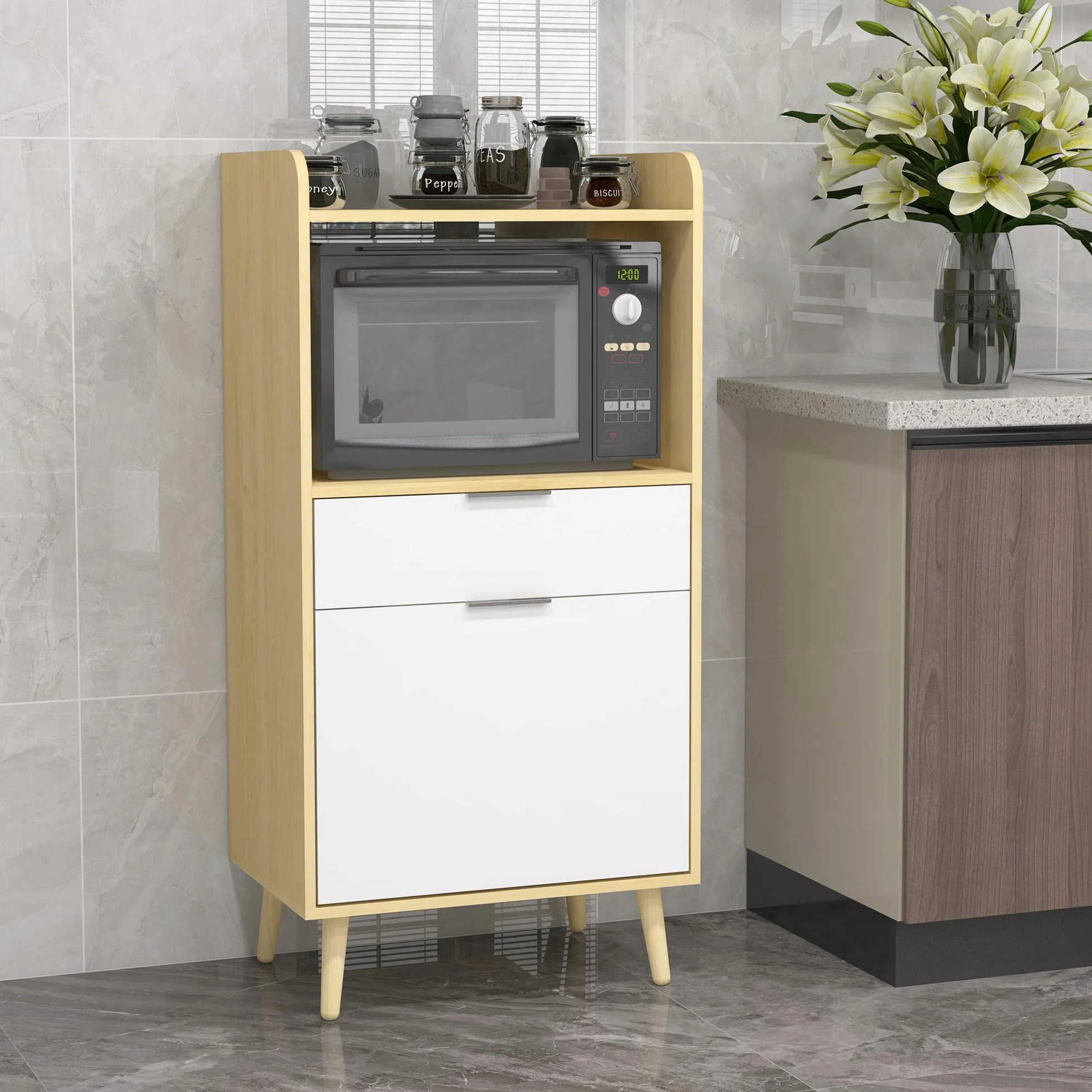HOMCOM Szafka kuchenna do mikrofalówki w stylu skandynawskim, z szafką, szufladą, z regulowaną półką, 58 x 40 x 118 cm, naturalna i biała