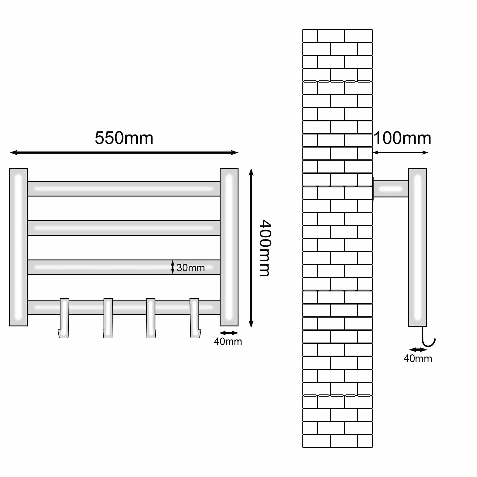 Elektryczny grzejnik na ręczniki, mały, 550 x 400 mm, grzejnik łazienkowy, 80 W, wieszak na ręczniki, elektryczny grzejnik na ręczniki, 30-70°C, regulowana temperatura, 1-9 godzin, pomiar
