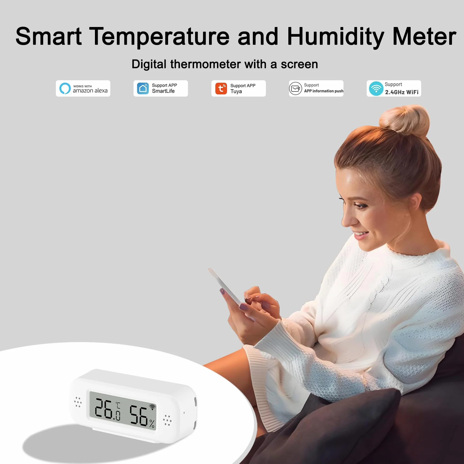 WiFi Termometr i higrometr wewnętrzny: Inteligentny czujnik temperatury, cyfrowy monitor temperatury i wilgotności z inteligentną aplikacją i rejestracją danych, kompatybilny z Alexa, do sypialni