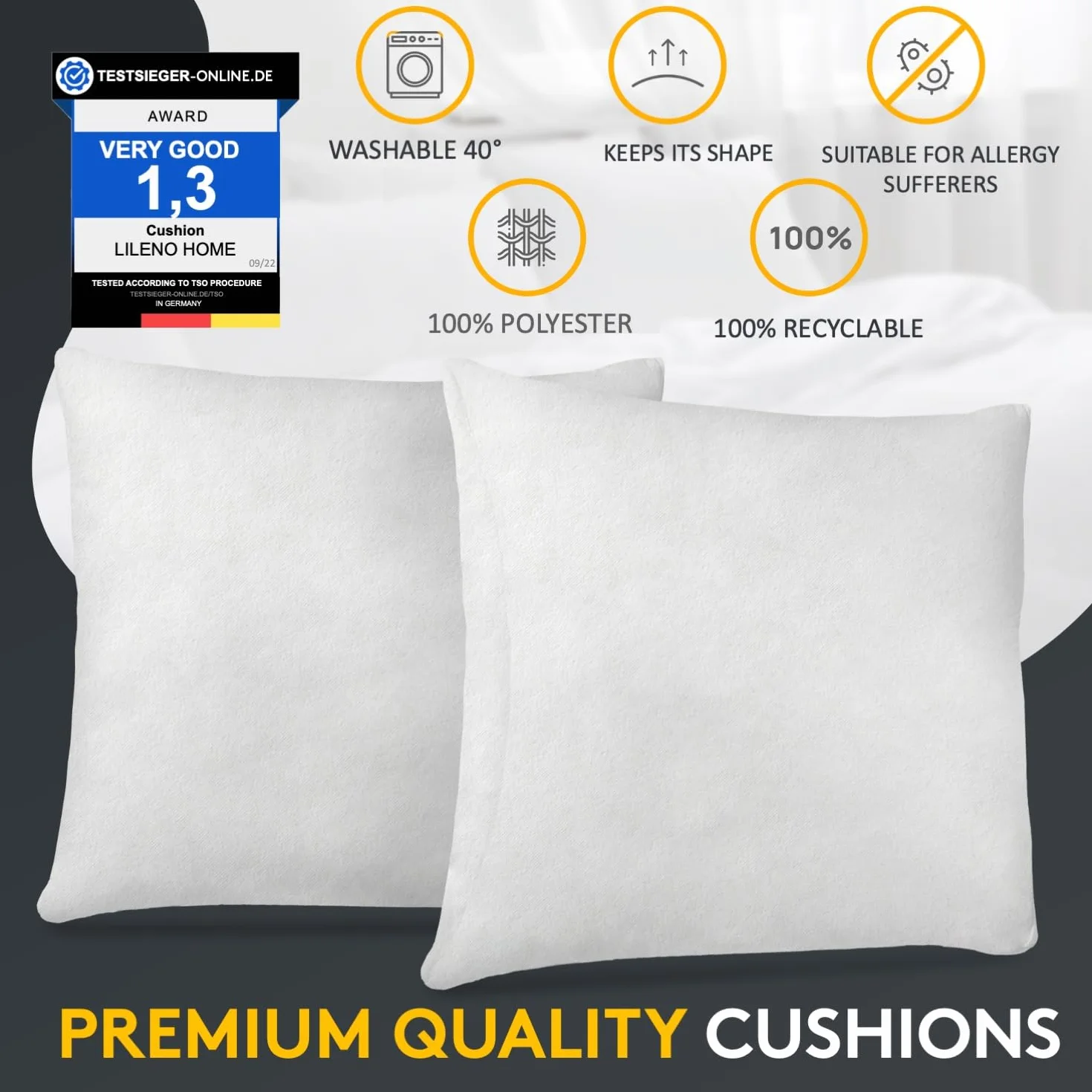LILENO HOME Zestaw 4 wypełnienia poduszki 45x45 cm - Wewnętrzna poduszka prana w 40°C, odpowiednia dla alergików - Poduszka z poliestru jako poduszka na kanapę, sofę, poduszka na głowę