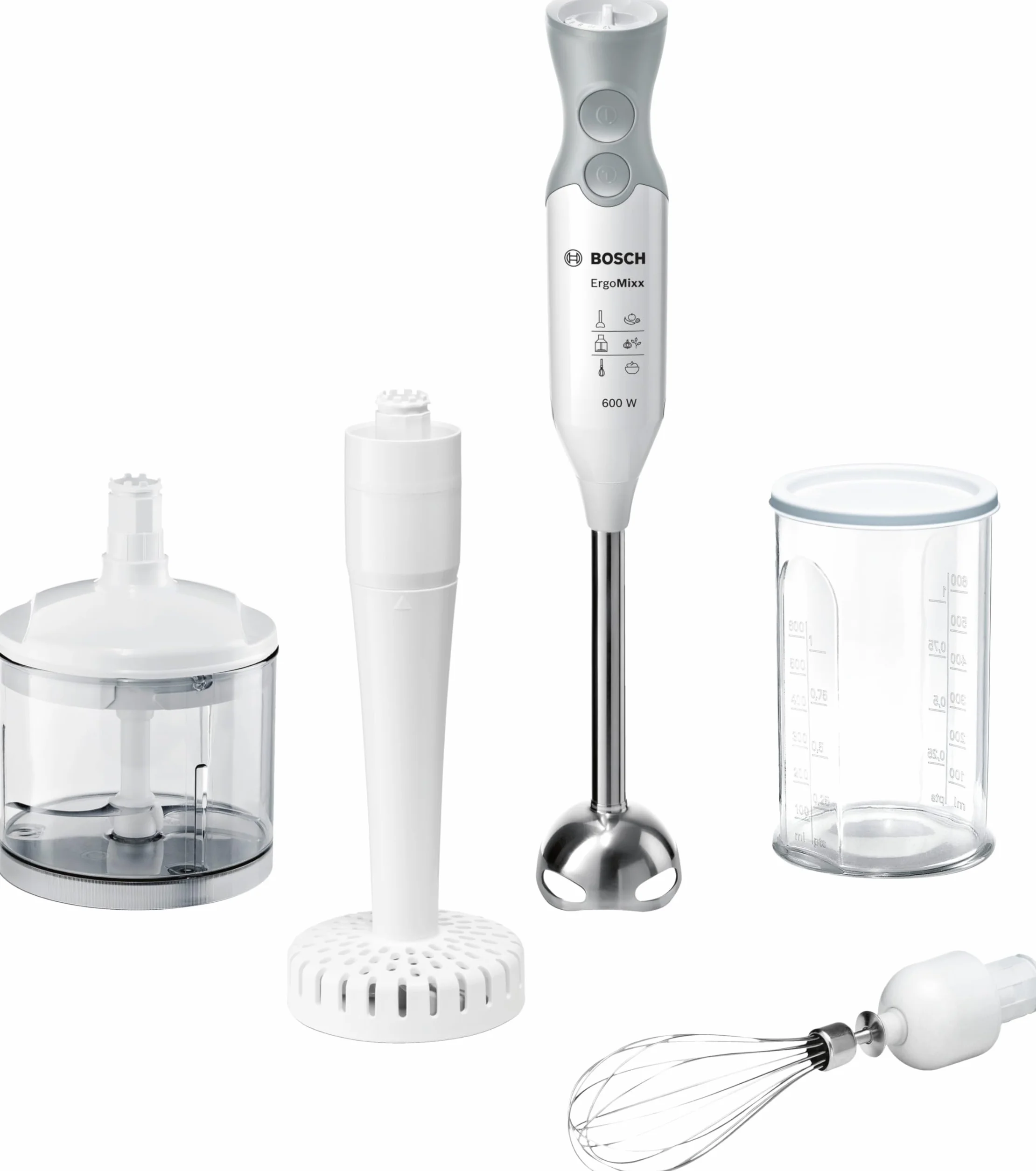 Bosch, blender ręczny ErgoMixx, 600 W, 12 prędkości, Turbo, QuattroBlade, rozdrabniacz, końcówka do puree, ubijaczka, pojemnik z miarką, MSM66155, biały