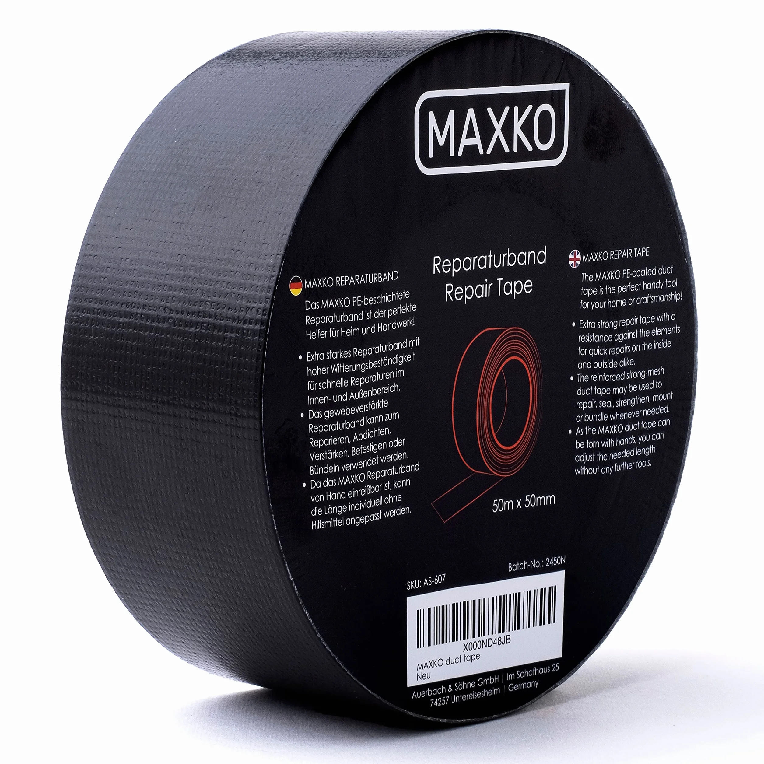MAXKO Taśma pancerna, bardzo mocna, czarna, 50 m x 50 mm – wzmocniona tkaniną taśma foliowa, taśma z tkaniny, taśma pancerna, taśma izolacyjna