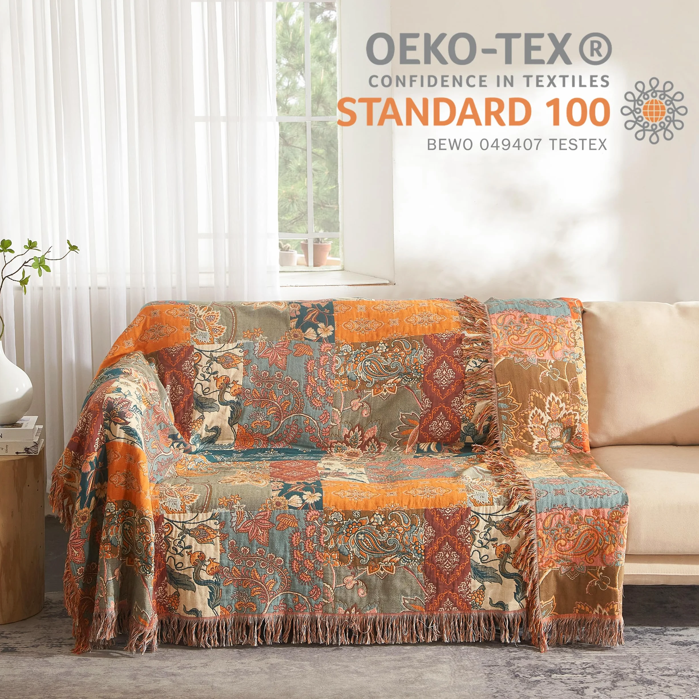 SESoftexly Bohemian koc 100% bawełna, duża dwustronna narzuta muślinowa, 200 x 230 cm, narzuta na sofę i łóżko, estetyczny design, idealny do salonu i sypialni, pomarańczowy/zielony