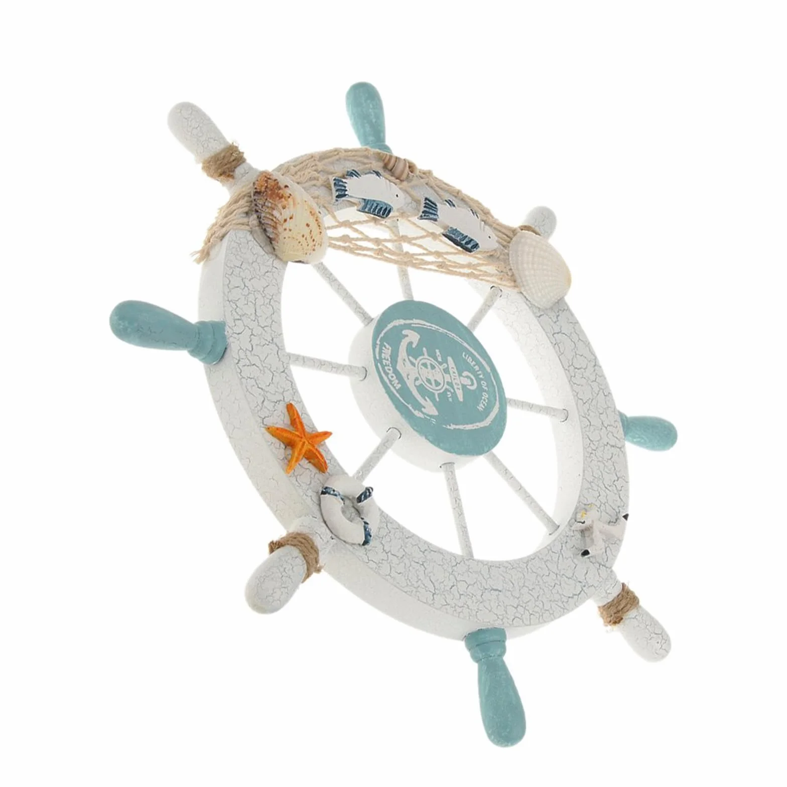 Rienar Nautical Beach Wooden Boat Ship Steering Wheel Fishing Net Shell Fish Home Wall Décor(11" Diameter)