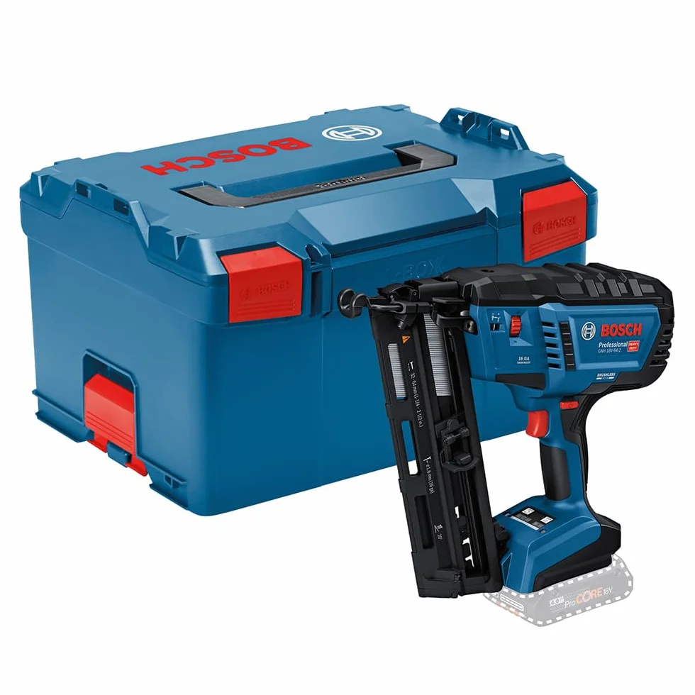 Bosch Professional 18 V System akumulatorowy gwoździarka do drewna GNH 18V-64-2 (wyzwalanie pojedynczego strzału, nadaje się do następujących gwoździ: 32-64 mm, 16 ga (1,6 mm) i kąt magazynka 20°,
