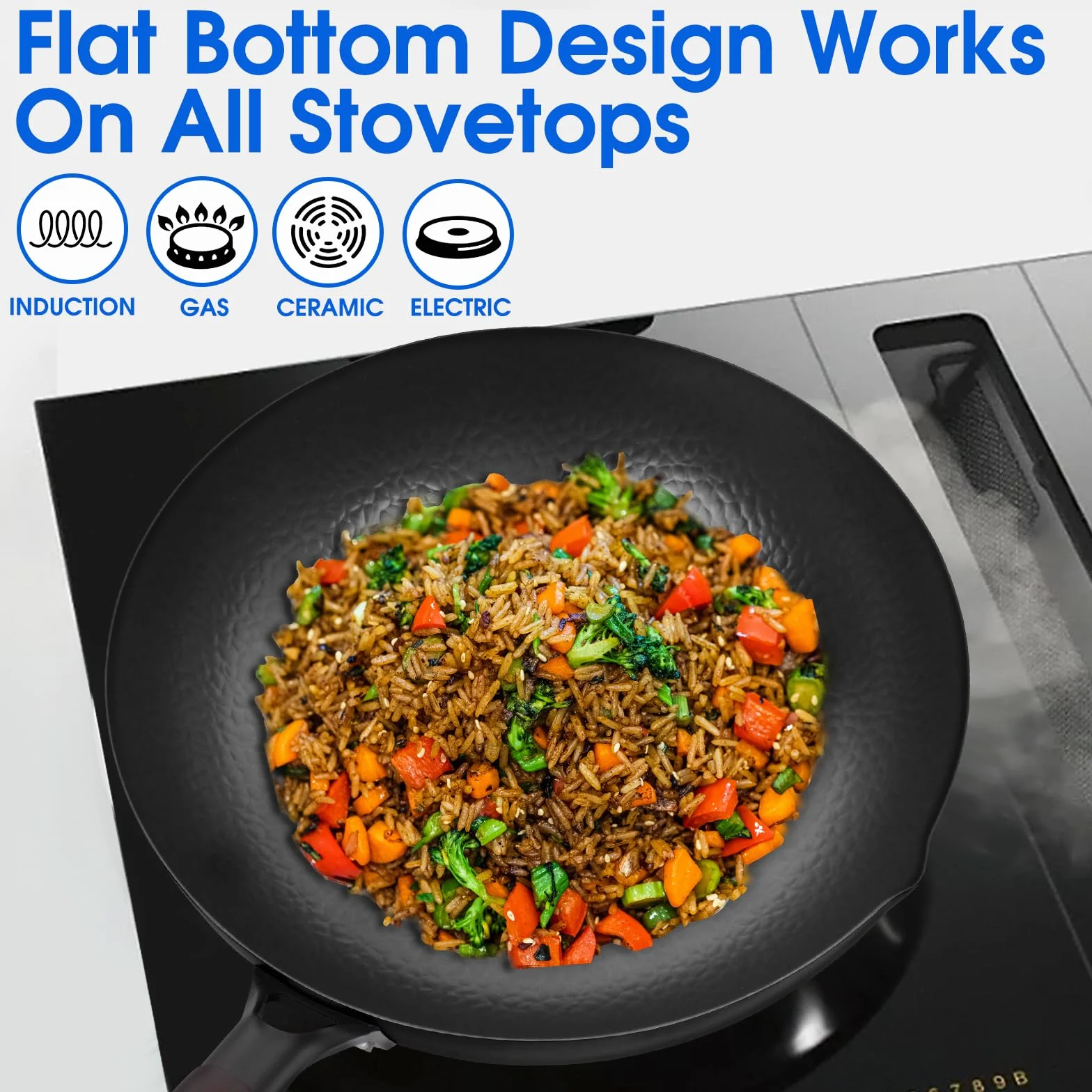 Souped Up Recipes Patelnia typu wok 34 cm/7 l, chińska patelnia ze stali węglowej, do kuchenek elektrycznych, indukcyjnych, kuchenek gazowych (pokrywka, szpatułka i instrukcja obsługi w zestawie)