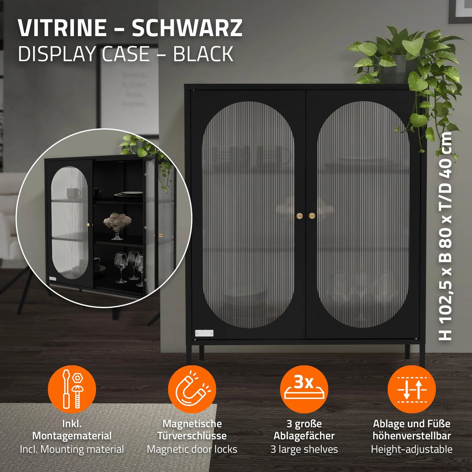ML-Design witryna 80 x 102,5 x 40 cm czarna z 3 pólkami i 2 drzwiczkami stalowa szafka do salonu w stylu industrialnym wykonana z metalu komoda regal szafka na dokumenty mebel stojacy podlogowy