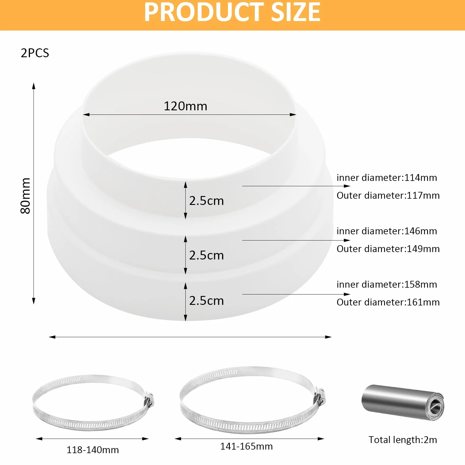 2 złącza redukcyjne, 120, 150, 160 mm, z 2 obejmami ze stali nierdzewnej, uniwersalny adapter do redukcji, do systemu wentylacji, okrągłych rur wentylacyjnych
