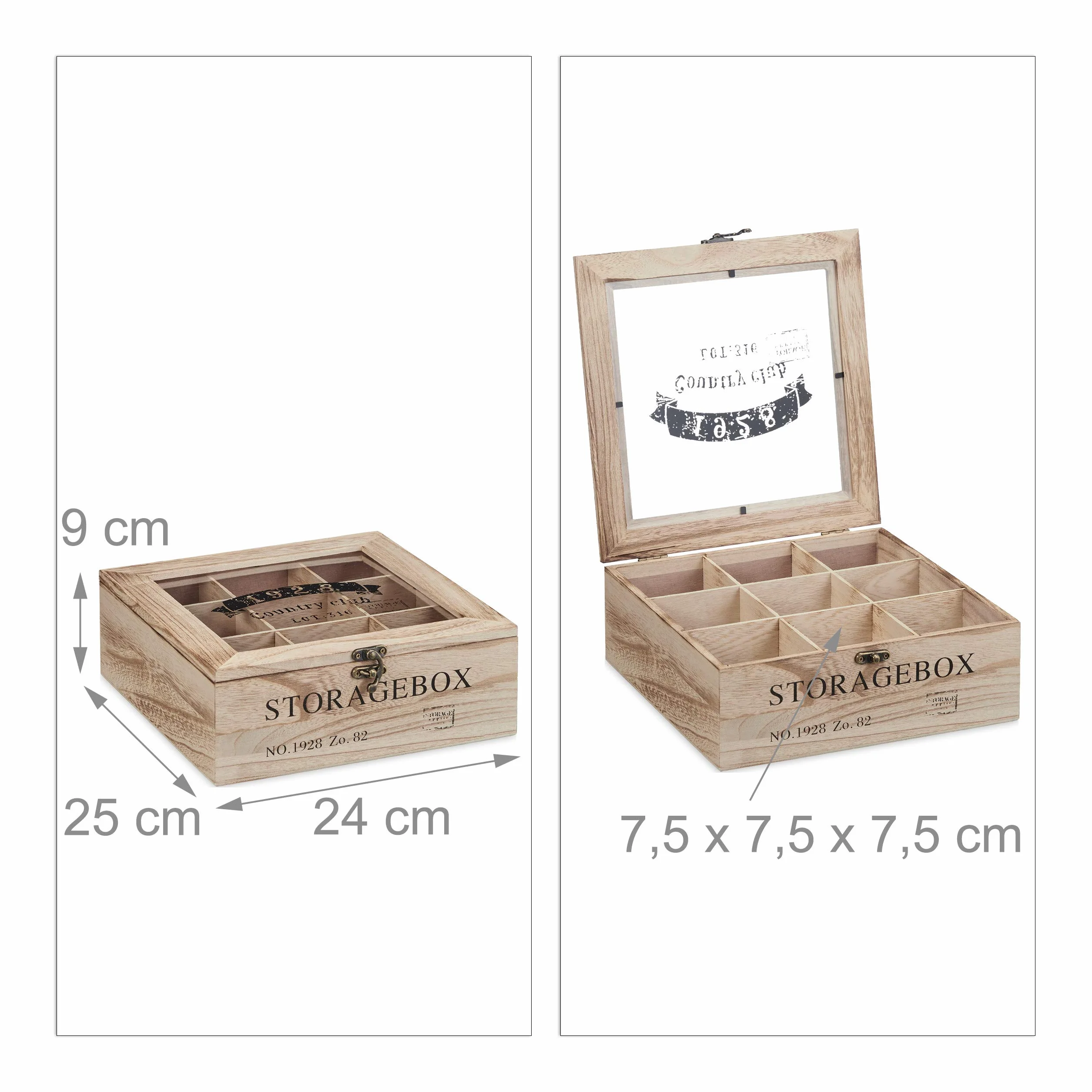 Relaxdays Pudełko na herbatę, 9 przegródek, drewno, skrzynka na herbatę z okienkiem, torebki na herbatę, saszetki z kawą, przyprawy, wys. x gł.: 9 x 24 x 25 cm, kolor naturalny, 1 sztuka