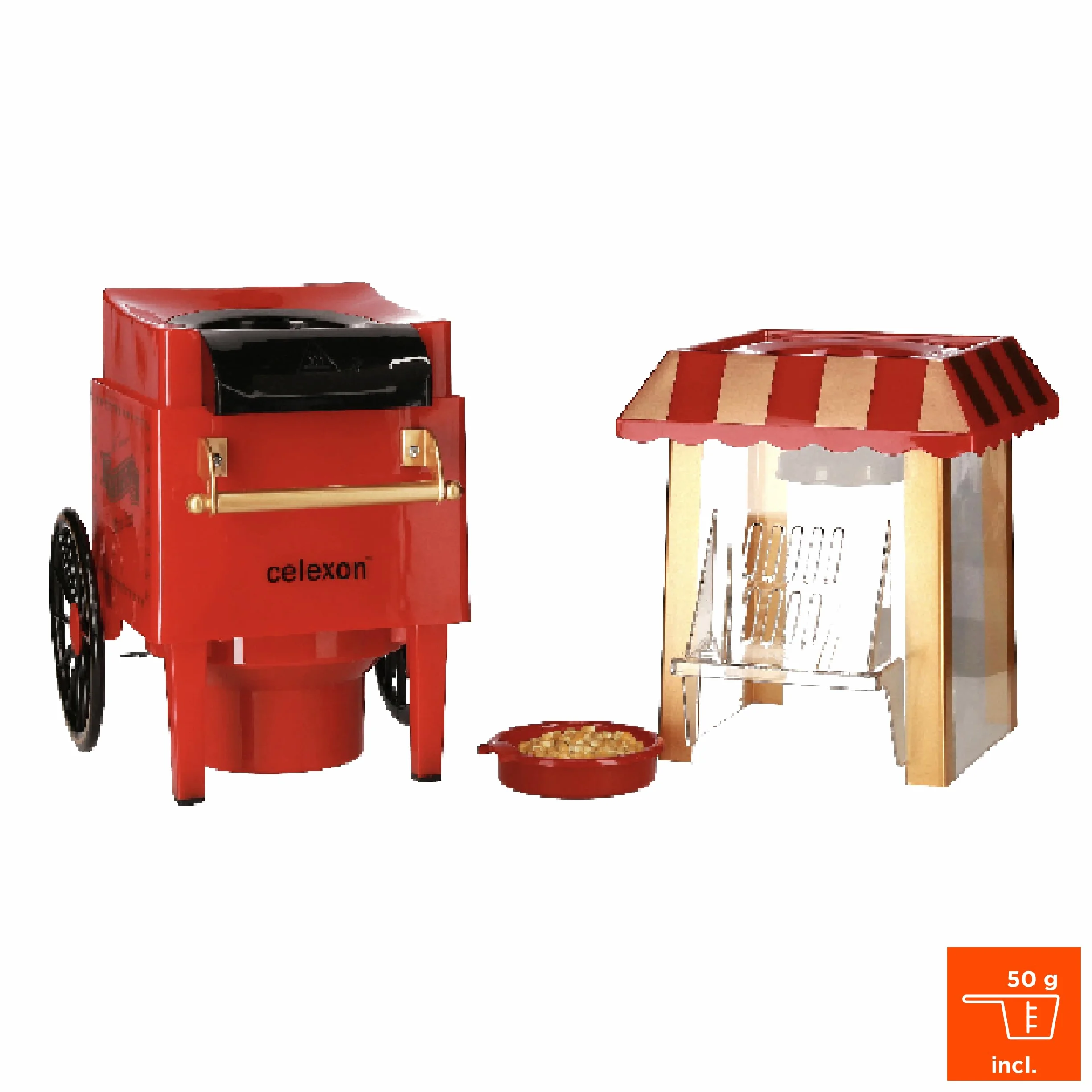 celexon CinePop CP500 maszyna do popcornu – 24 x 19 x 39,5 cm – waga: 1,7 kg – czerwony/retro/wzór Kirmes – bez oleju/niskotłuszczowego – urządzenie do robienia popcornu