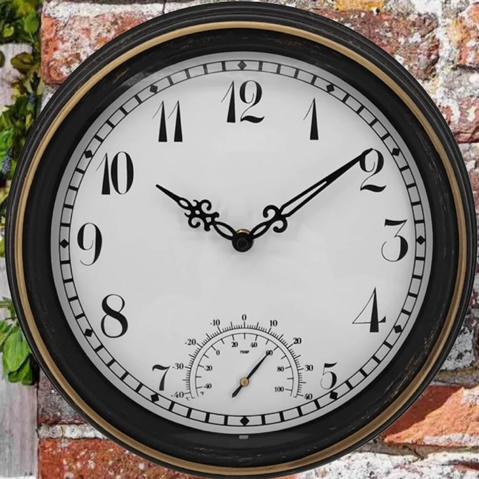Zewnętrzny wodoodporny zegar ścienny z termometrem IP44 vintage okrągły zegar dekoracyjny ogrodowy 30 cm zegar zewnętrzny