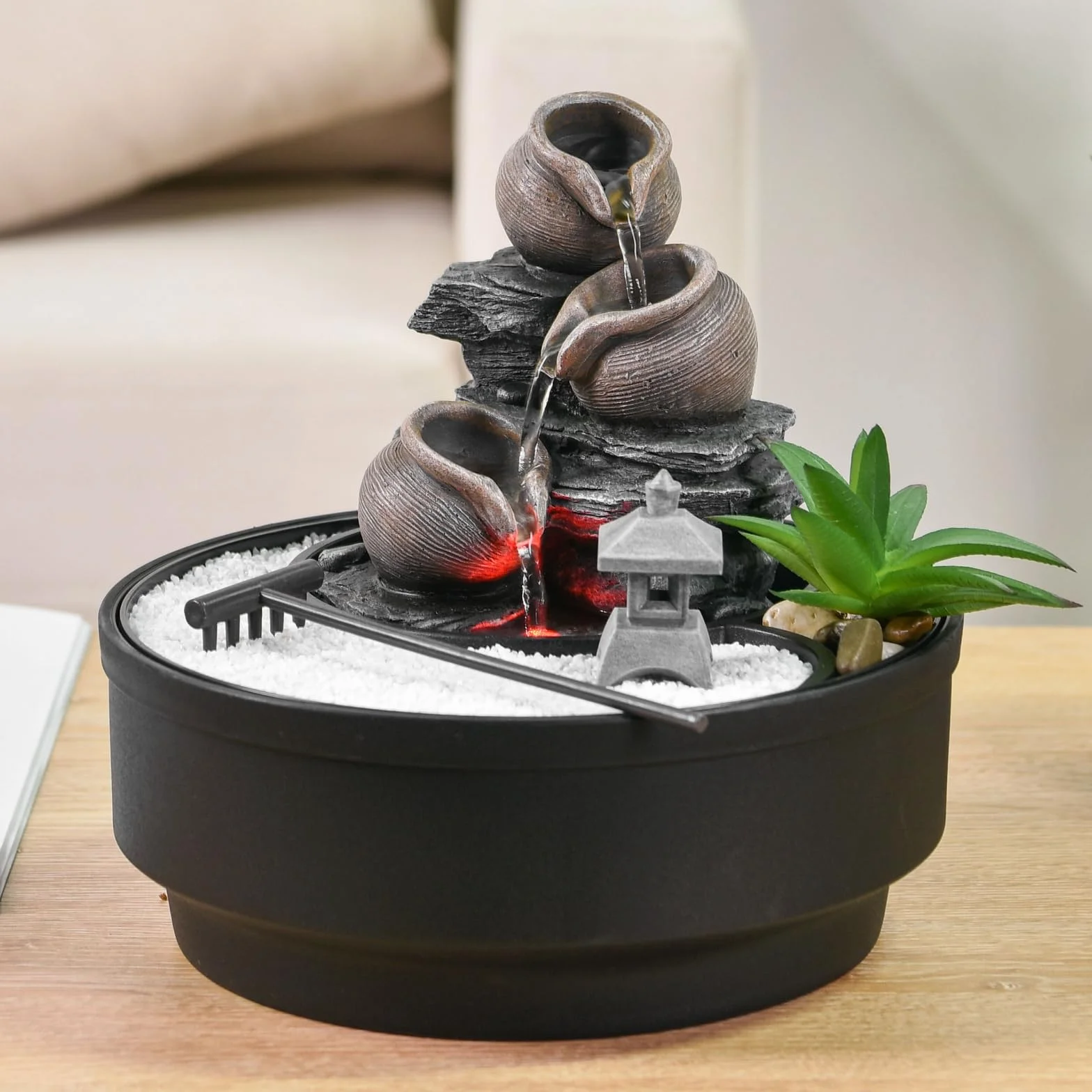 Fontanna ogrodowa Zen, fontanna wodospadowa, kolorowe światło LED, relaksująca dekoracja nastrojowa, ogród Zen biały piasek, fontanna stołowa zamknięta obwód, H21 cm - Oasis Zen'Light