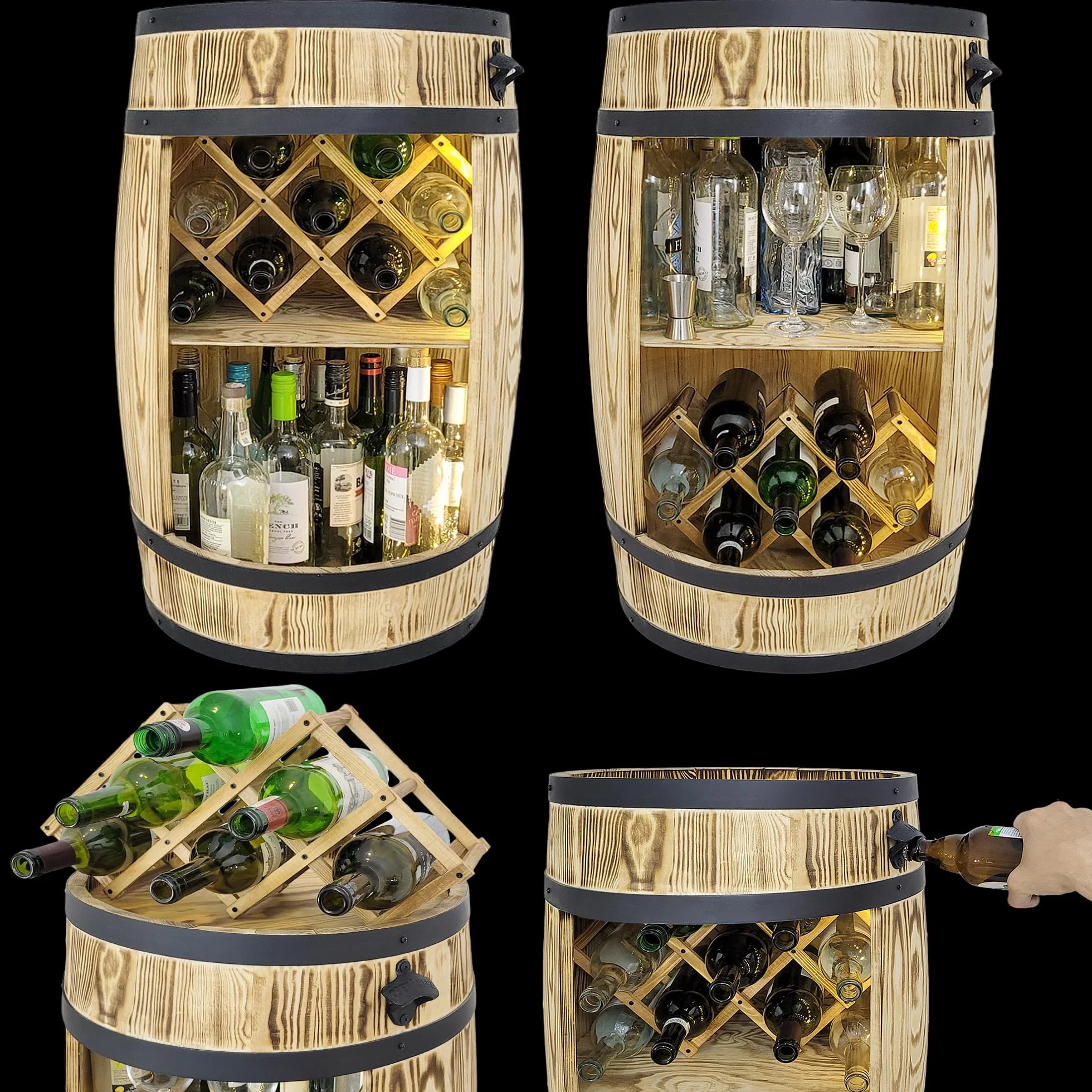 weeco Drewniany regał na wino z lampkami LED i uchwytem na wino – drewniana beczka na szklanki i butelki – beczka – szafka na wino – zestaw upominkowy – stojak na wino 80 x 50 cm