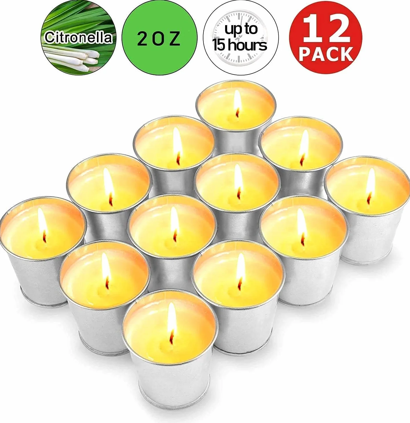 12 sztuk świec w metalowym pojemniku, 120-180 godzin palenia, naturalny wosk sojowy, cytronella, świeczki zapachowe, cytryny, podgrzewacze do użytku na zewnątrz, idealne na balkon, taras, do ogrodu