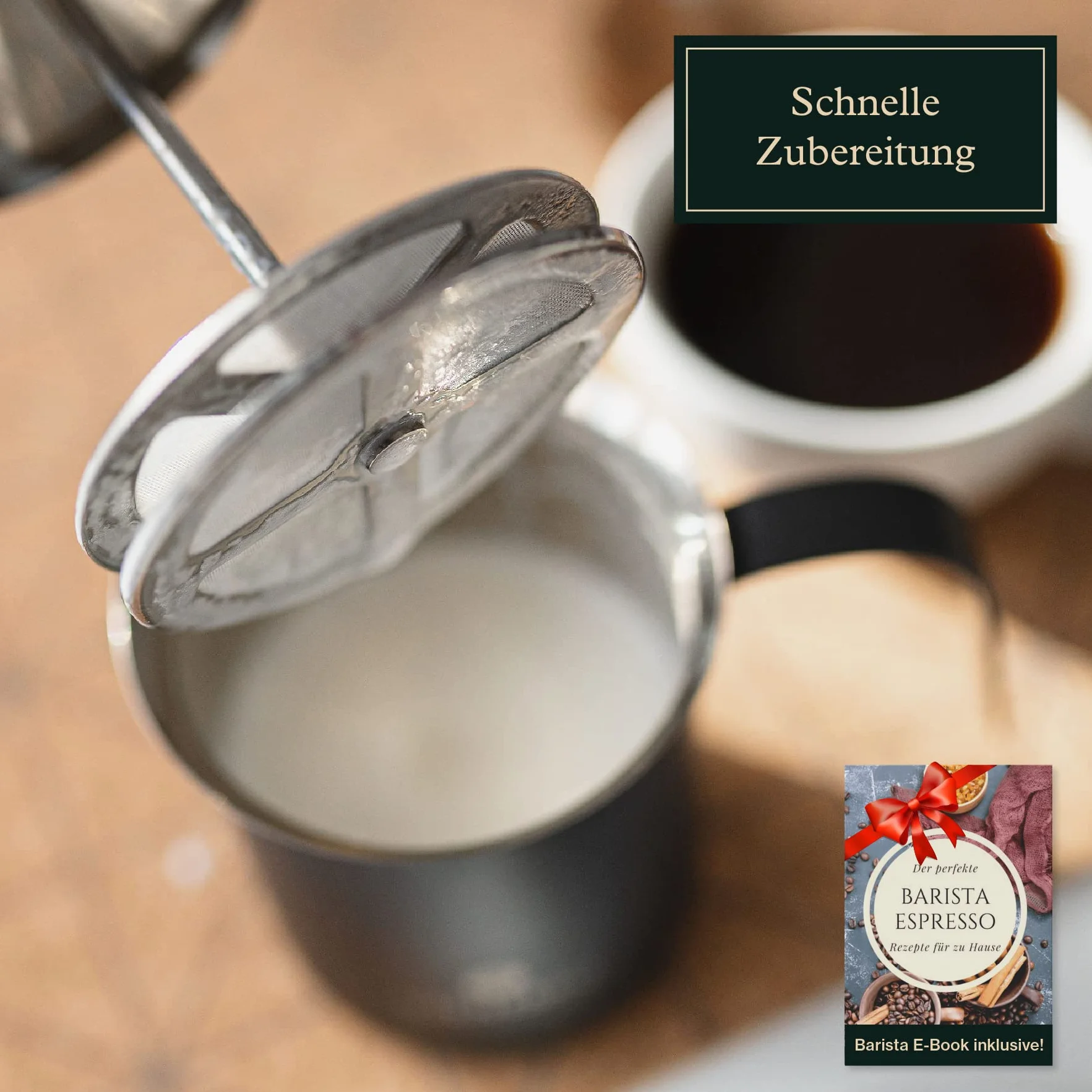 Spieniacz do mleka (ręczny/ręczny) ze stali nierdzewnej – mleczny frother/spieniacz do mleka z podwójnym sitkiem: tworzy kremową piankę mleczną do specjałów kawowych, w zestawie e-book