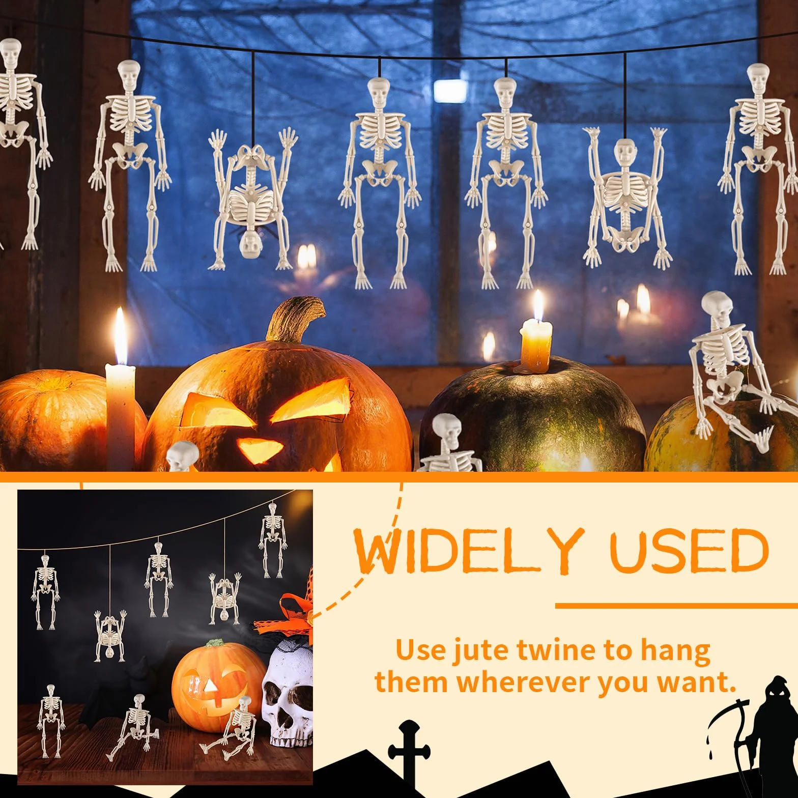 Hebterrka 8 sztuk dekoracyjnych mini szkieletowych figurek na Halloween, 15 cm, wysuwane plastikowe szkielety na straszną dekorację domu na Halloween, dekoracja domu duchów i prezenty na imprezę