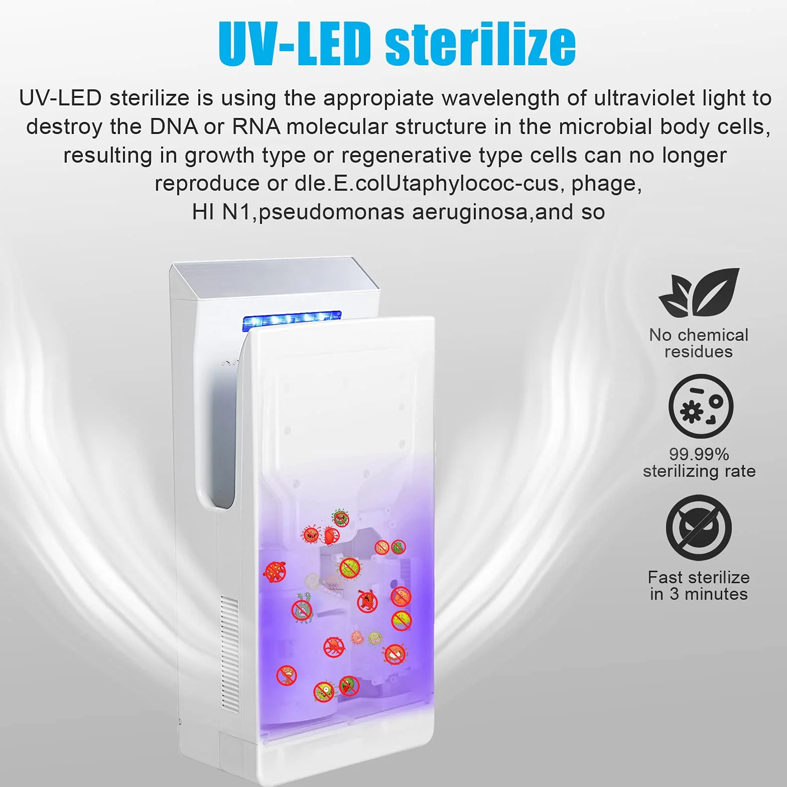 QL Elektryczna Suszarka do Rąk z Sterylizacji-UV i Filtrem-HEPA,Wysoka Prędkość 1350w,Funkcja Anionowego,do Toalet Komercyjnych,Biały