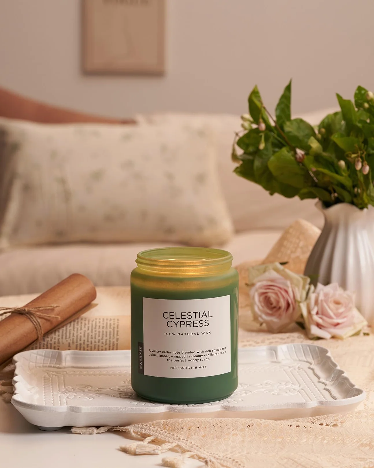 M&SENSE CelestialCypress - Świeca Sojowa Cedr-Kardamon w Szkle (550g, 110h) | 2 Knoty, Intensywny Zapach | Naturalna, Długotrwała | Idealny Prezent i Dekoracja