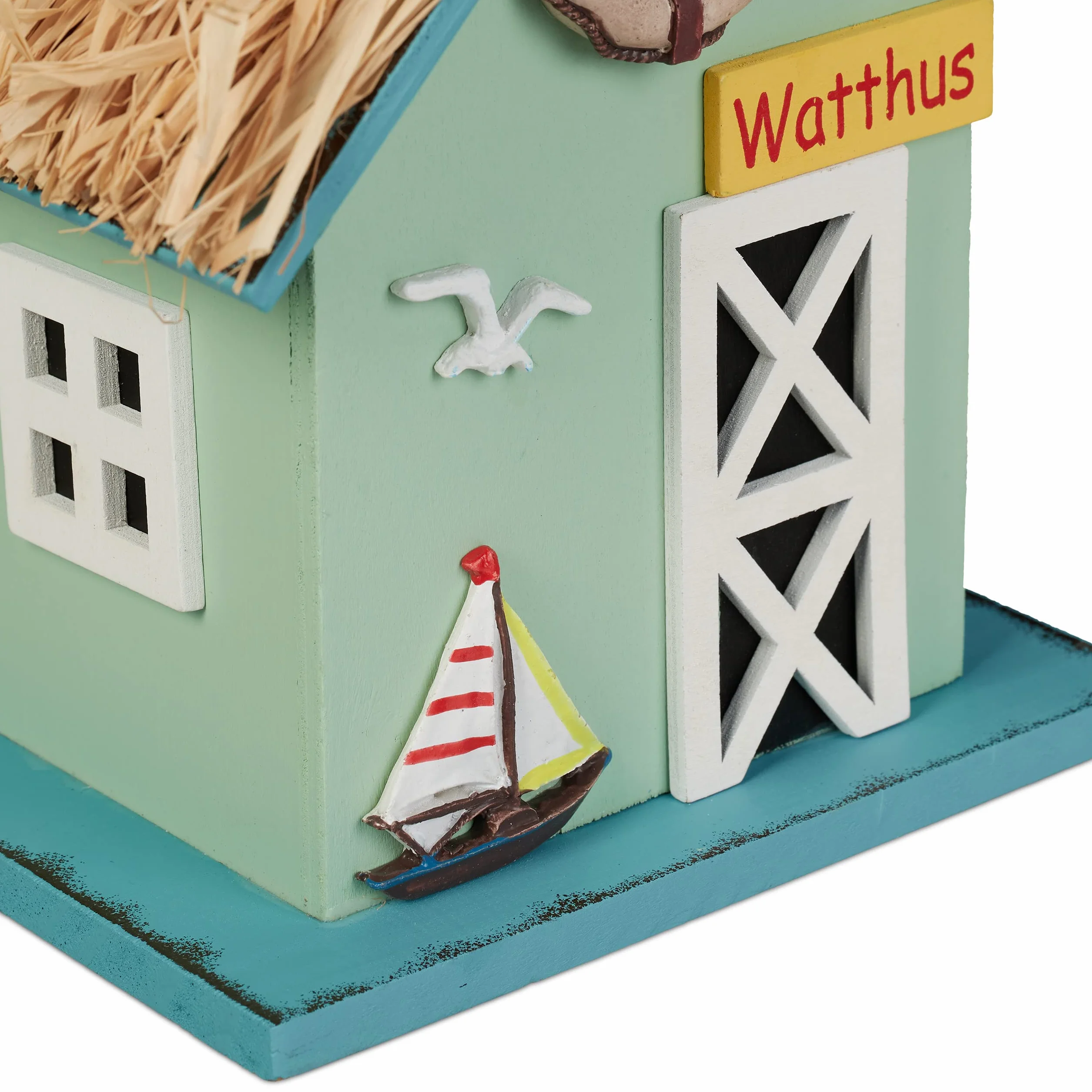 Relaxdays Dekoracyjny domek dla ptaków, domek plażowy, drewno, do zawieszenia, wys. x szer. x gł.: 24,5 x 19 x 13,5 cm, willa dla ptaków do ogrodu, kolorowy