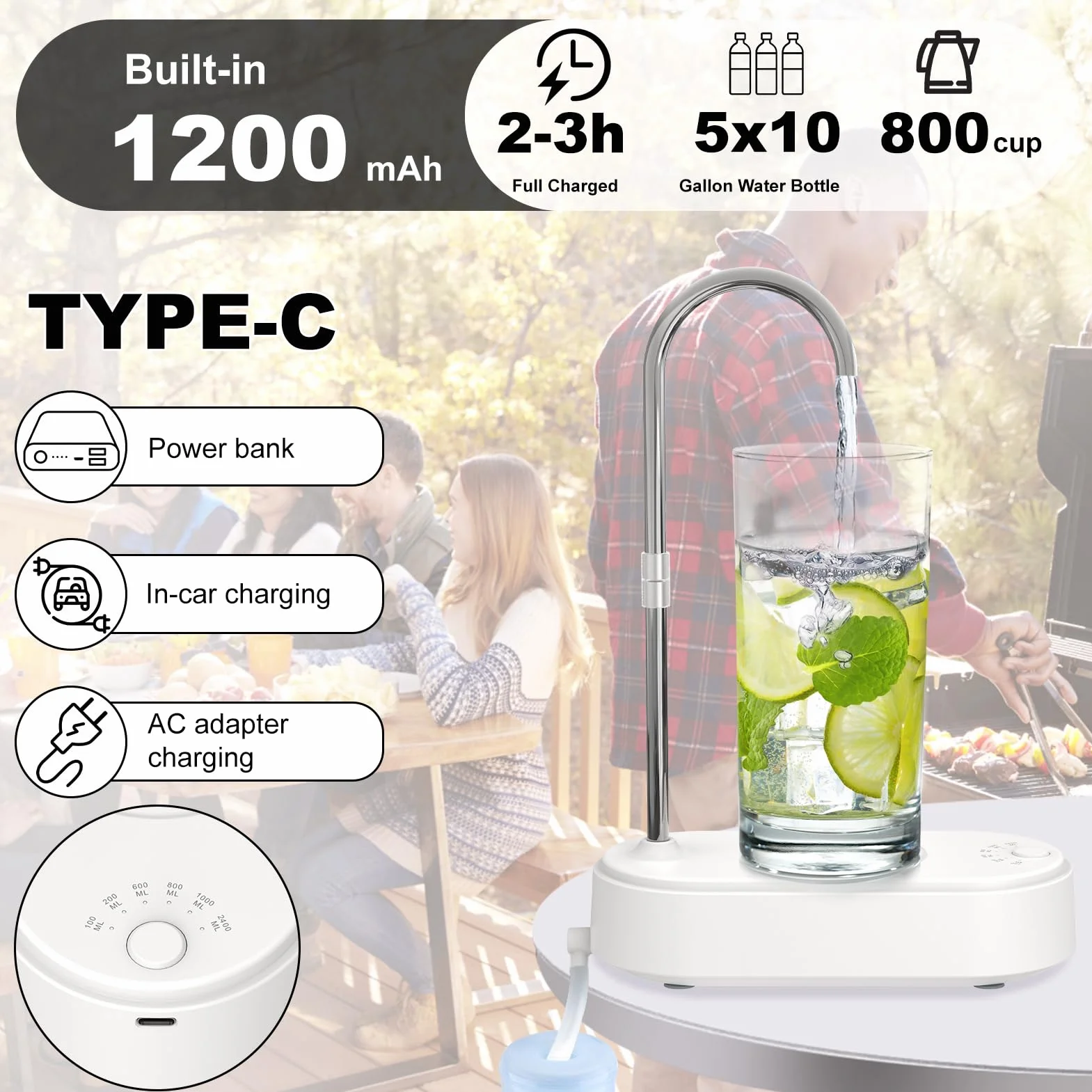 Biurkowy dozownik wody, przenośny dozownik wody do ładowania USB, sześciobiegowy ilościowy ściek, inteligentny stołowy dozownik wody do uniwersalnej butelki 2-5 l, do domu, biura, podróży, na kemping
