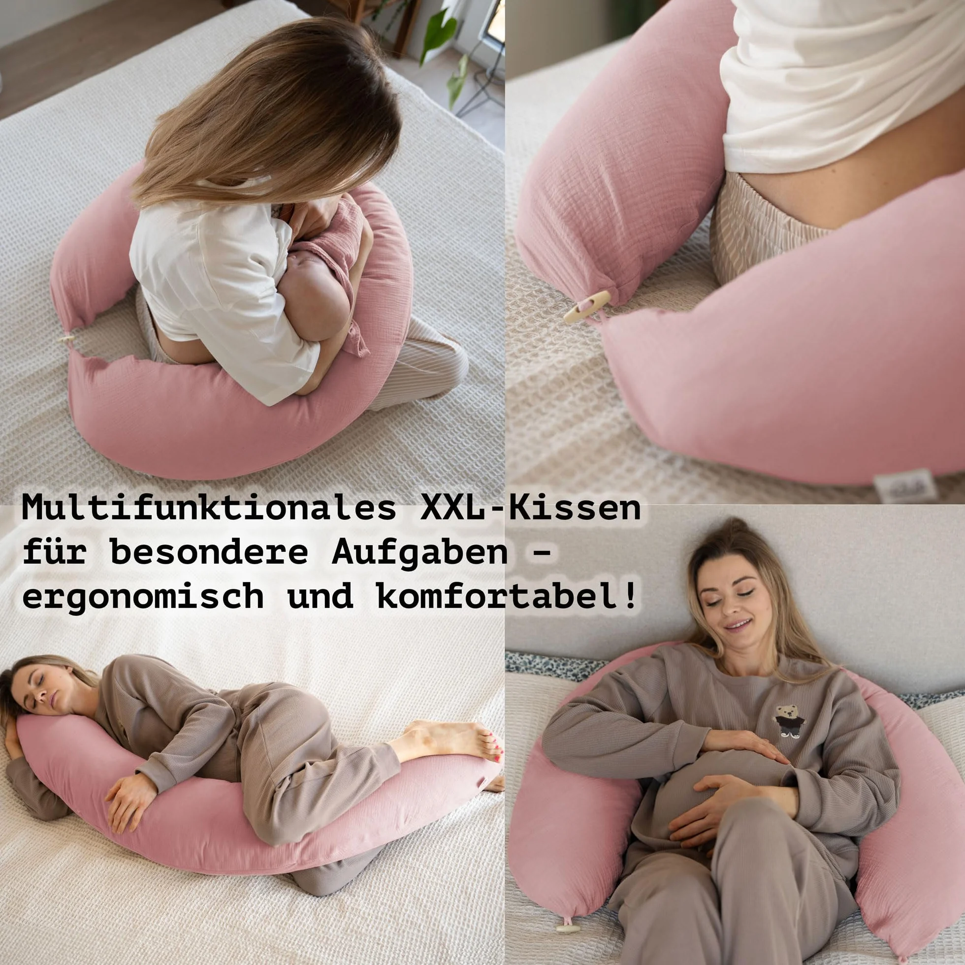 PaLulli® Ergonomiczna poduszka do karmienia XXL 190 x 30 cm, z poszewką z bawełny bio-muślinowej – idealna poduszka dla kobiet w ciąży i do spania na boku, komfort i wsparcie dla dorosłych i matek