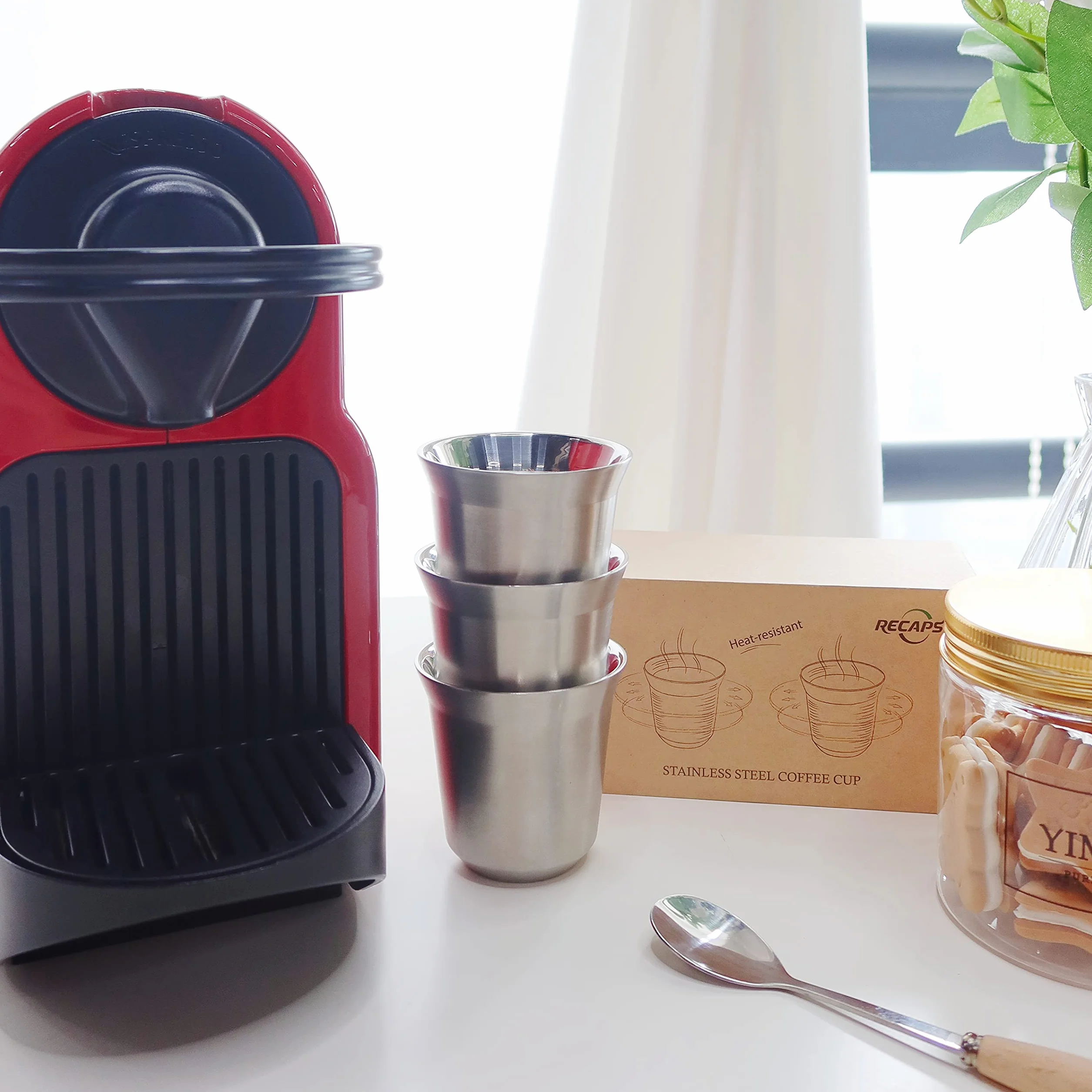RECAPS Zestaw filiżanek do espresso 80 ml ze stali nierdzewnej 304 podwójne ścianki Demitasse