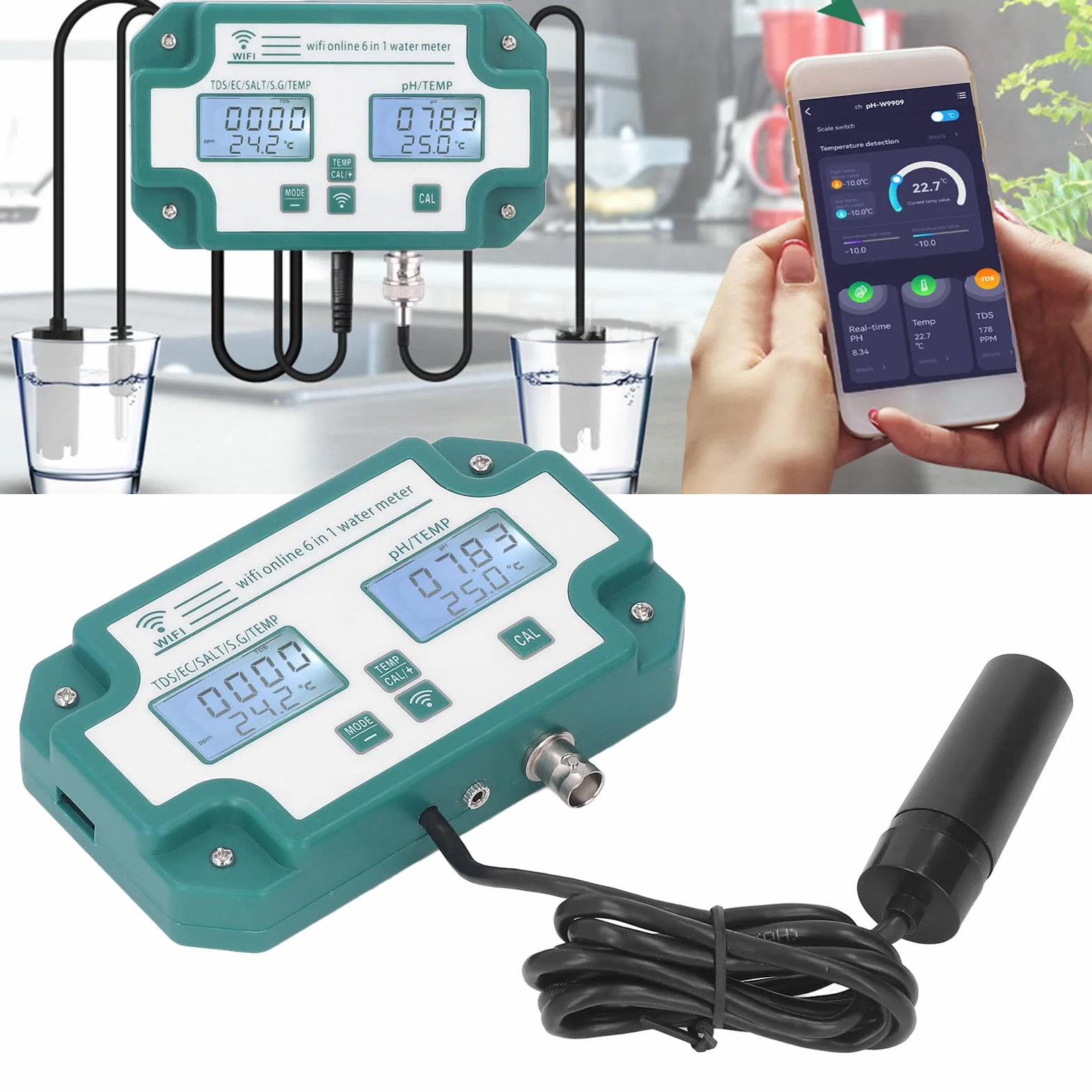 Miernik Jakości Wody Wysoka Precyzja 6 w 1 PH TDS EC SG Tester Temperatury Soli Połączenie WiFi Detektor Jakości Wody do Wody Pitnej(Wtyczka UE)