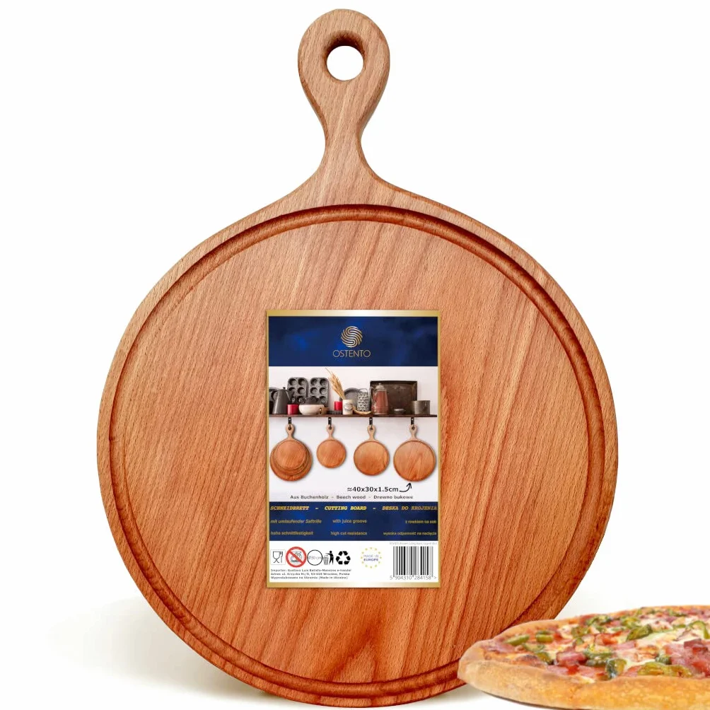 Drewniana Deska do Pizzy Okrągła | Drewniana Taca do Pizzy z Uchwytem, dwustronna Deska do Krojenia z Rowkiem na Sok, Deska do Serwowania 40x30x1,5 cm - Made in EU