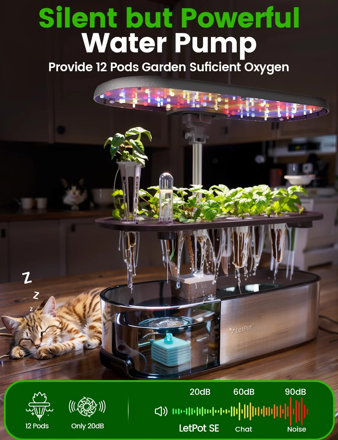 LetPot LPH-SE Inteligentny system hydroponiczny, 12 inteligentnych saszetek ogrodowych z ziołami, do wnętrz, ogrodu wewnętrznego, sterowanie aplikacją i WiFi, z diodami LED