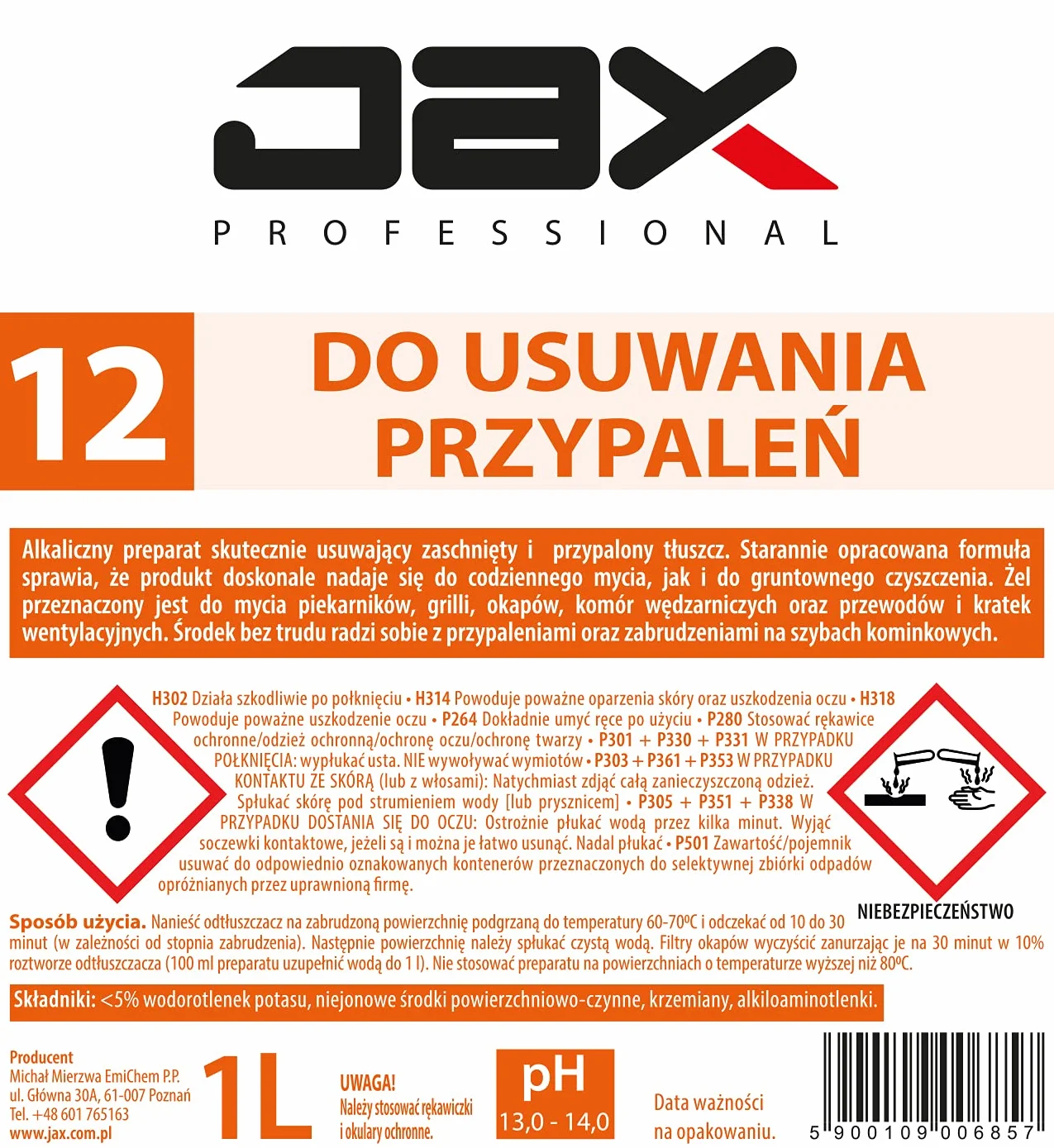 12 1L – PŁYN DO USUWANIA PRZYPALEŃ do czyszczenia piekarników, okapów, grilli, do przewodów i kratek wentylacyjnych do usuwania zaschniętego przypalonego tłuszczu