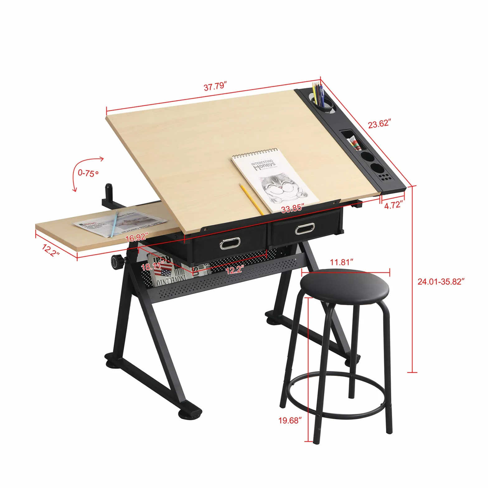 MIADOMODO® Stół do rysowania – uchylny, 115x60 cm, regulowana wysokość, MDF, stołek, 2 szuflady – stół kreślarski, artystyczny, techniczny