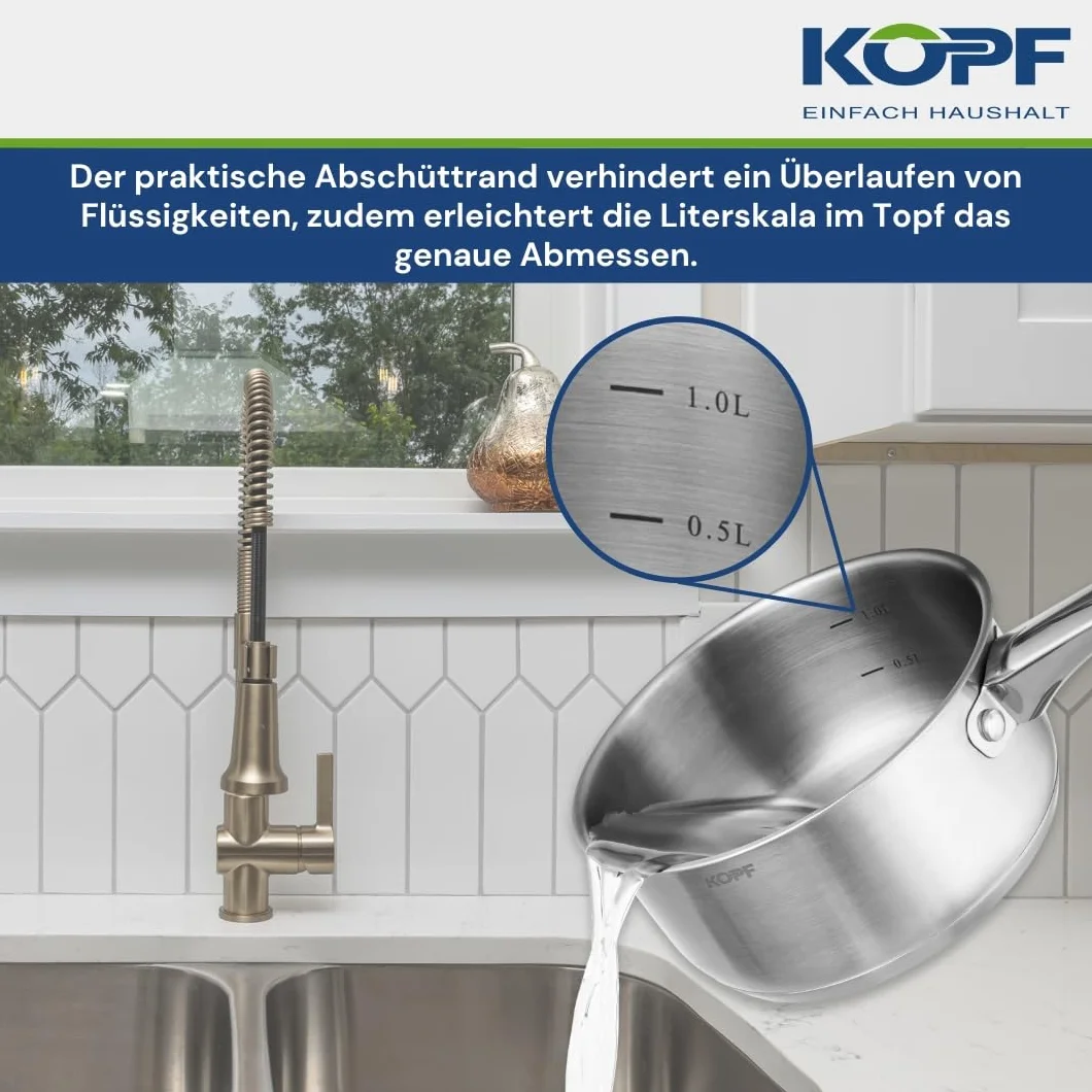 KOPF Clara 8-częściowy zestaw garnków indukcyjnych | nadaje się do piekarnika i zmywarek | zestaw garnków do wszystkich rodzajów kuchenek | 4 garnki, 1 rondel, 3 szklane pokrywki | skala litrów | stal