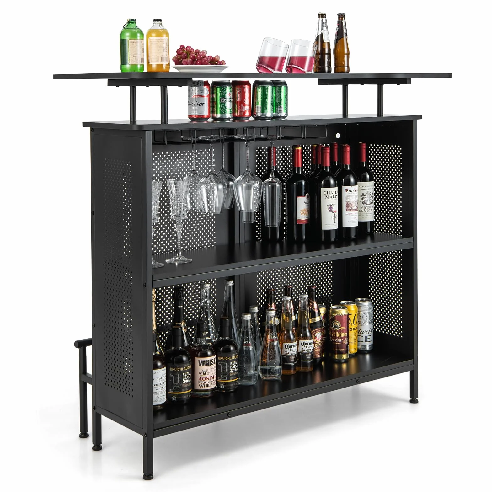 COSTWAY Stół barowy do kuchni, blat kuchenny z miejscem do przechowywania i podnóżkiem, blat z metalową ramą, regulowane nóżki, 120 x 50 x 106,5 cm, czarny, prostokątny