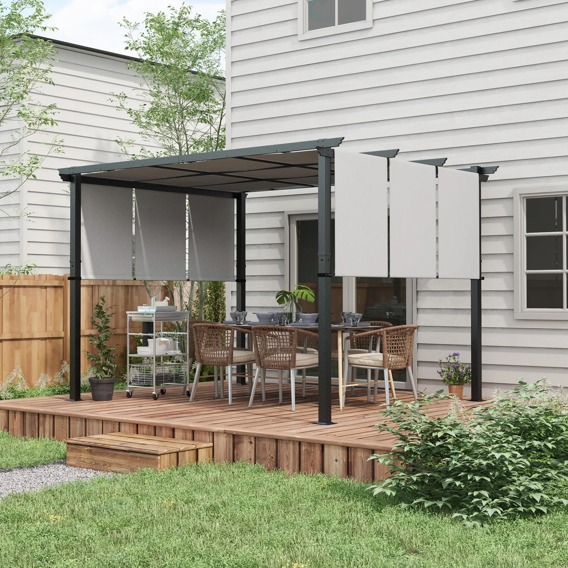 Outsunny Pergola ok. 3,5x3m Pawilon ogrodowy z regulowanym dachem, zadaszenie tarasowe, wolnostojący pawilon stalowy, ochrona przed słońcem na taras i do ogrodu, jasnoszary