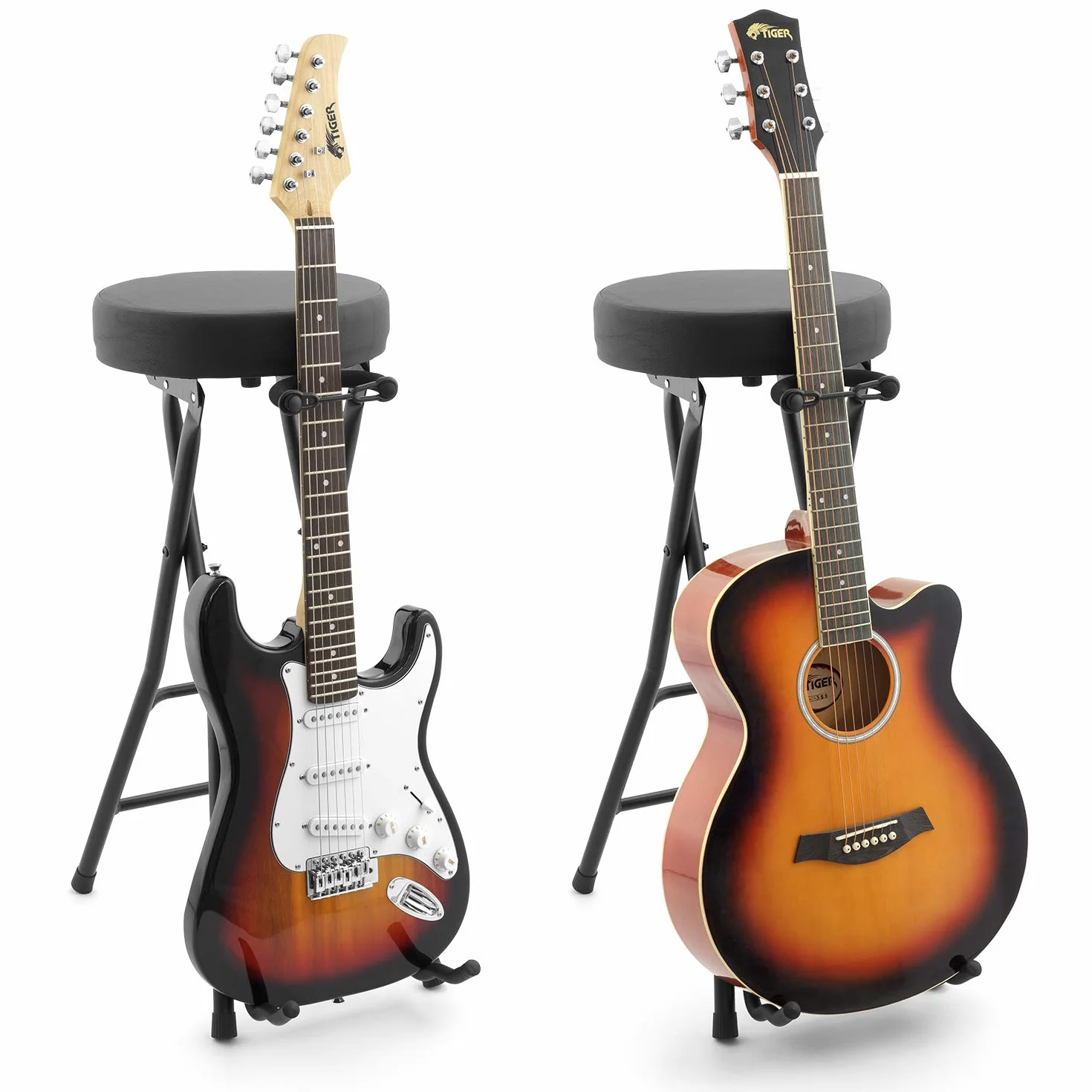 Tiger Taboret gitarowy ze stojakiem, składany fotel z wbudowanym stojakiem na gitarę i podnóżkiem – do gitar akustycznych, elektrycznych, basowych nowy model 2021
