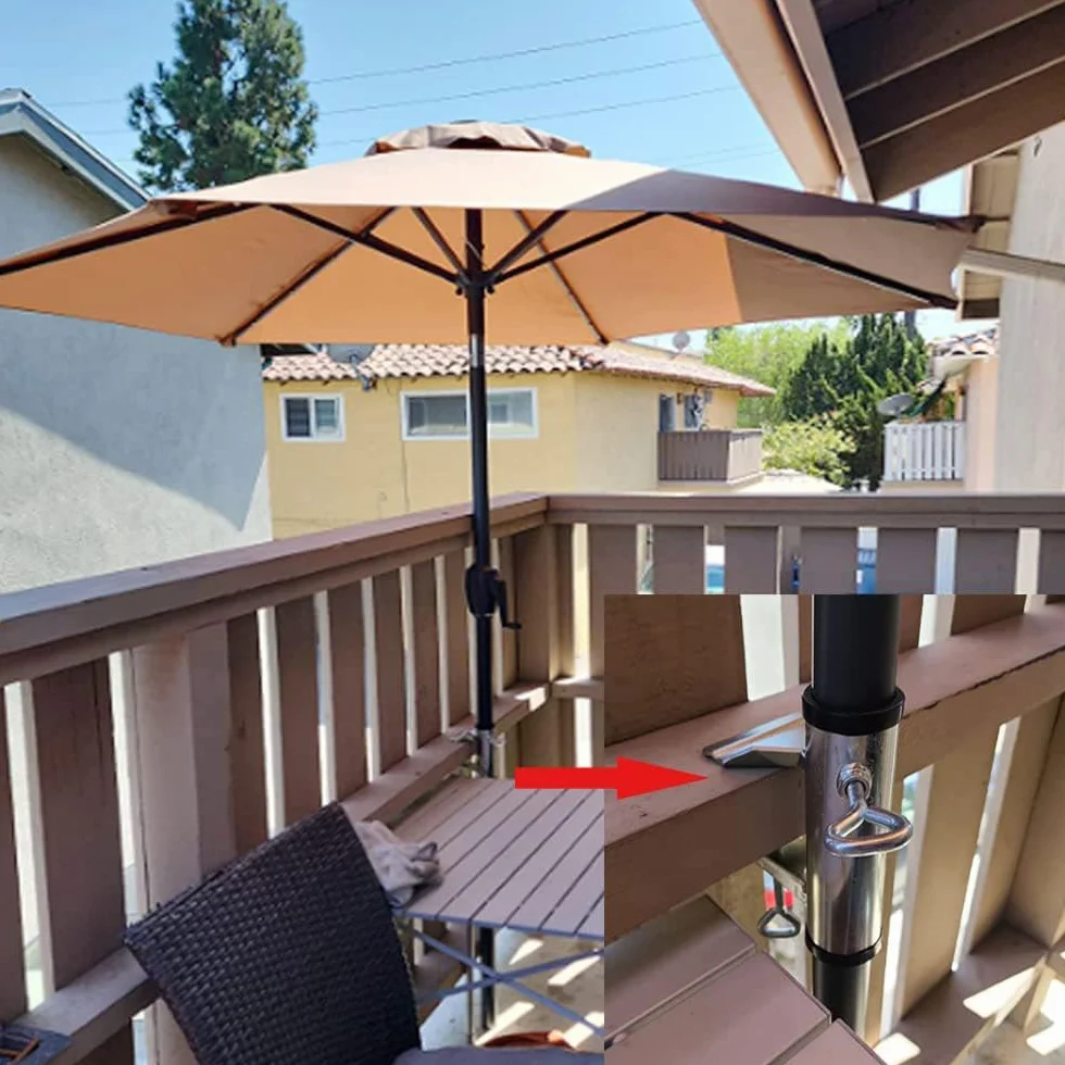 Anyingkai Zacisk do parasola tarasowego, uchwyt na parasol przeciwsłoneczny, uchwyt na balustradę, parasol balkonowy balustrady, stojak na parasol balkonowy (plama)