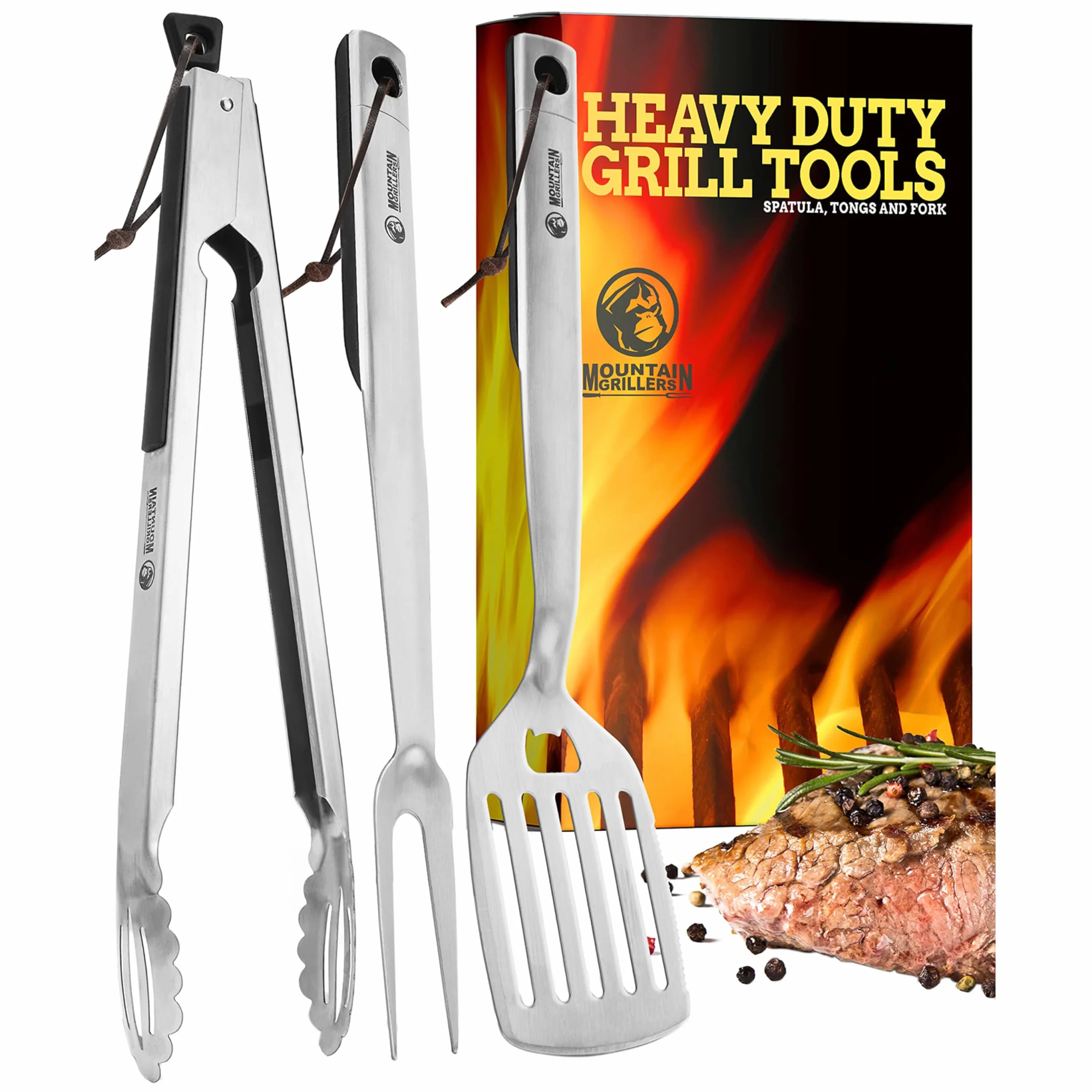 Mountain Grillers Zestaw narzędzi do grillowania – 3-pak przyborów do grillowania, trwałe akcesoria do grilla ze stali nierdzewnej, wyposażone w zamykane szczypce, szpatułkę z otwieraczem do piwa i