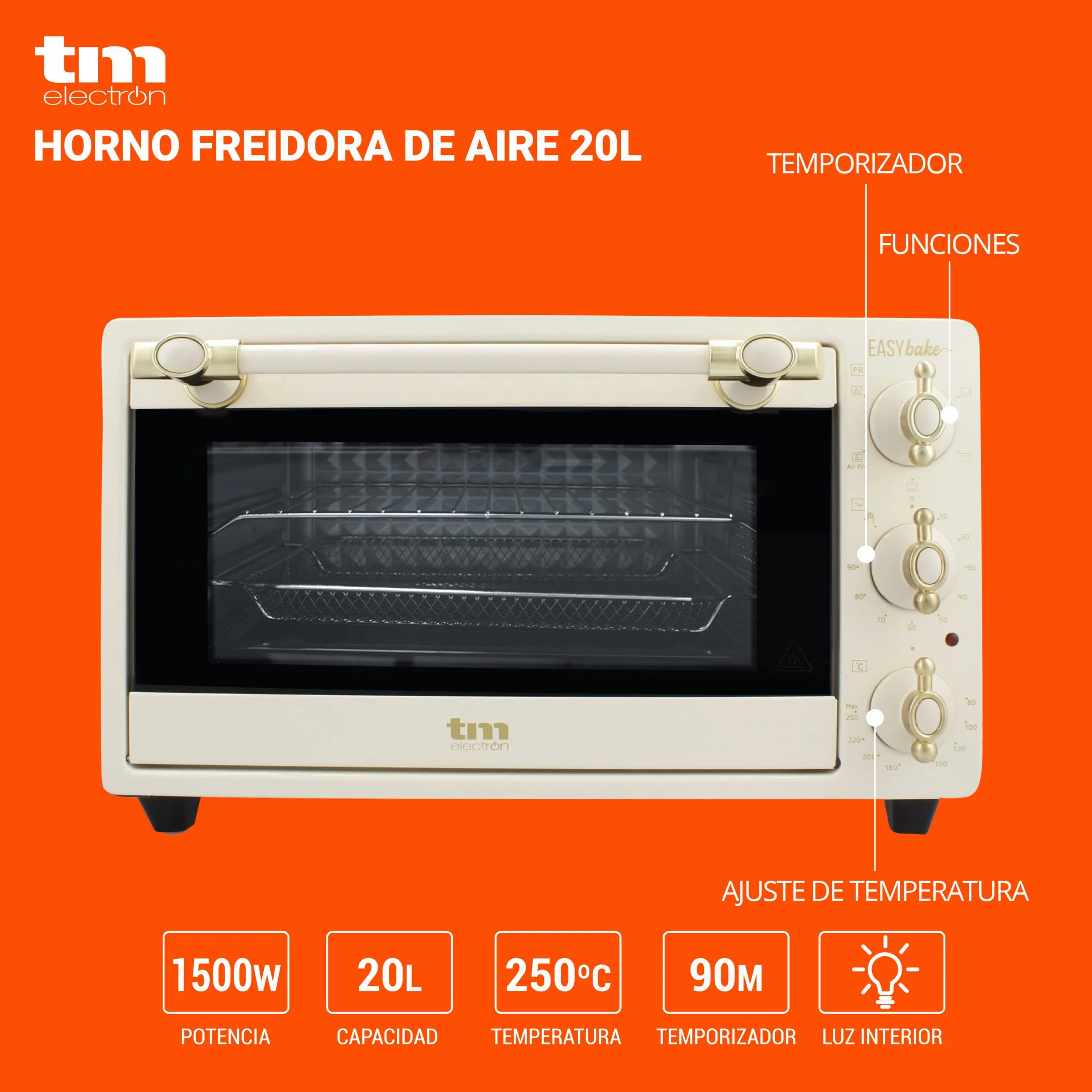 TM Electron EASYBAKE TMPHO020REB minipiekarnik retro z funkcją frytownicy bez oleju, 20 litrów, regulowana temperatura 80 ° C do 250 ° C, 5 funkcji, zawiera 4 akcesoria.