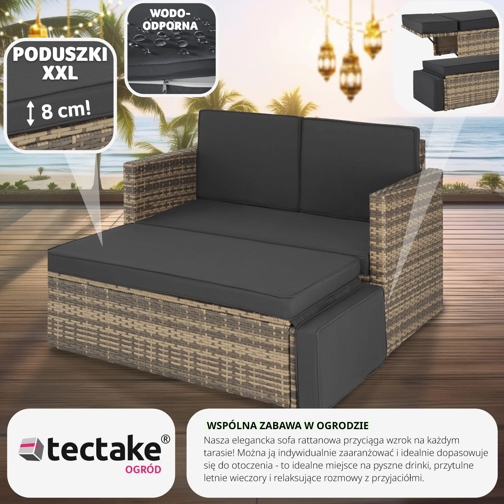 tectake® Zestaw Wypoczynkowy Korfu,do Domu, Ogrodu i na Taras, Technorattan, Duży Puf z Podporą, Stelaż ze Stali, Wodoodporne Poduszki (Naturalny)
