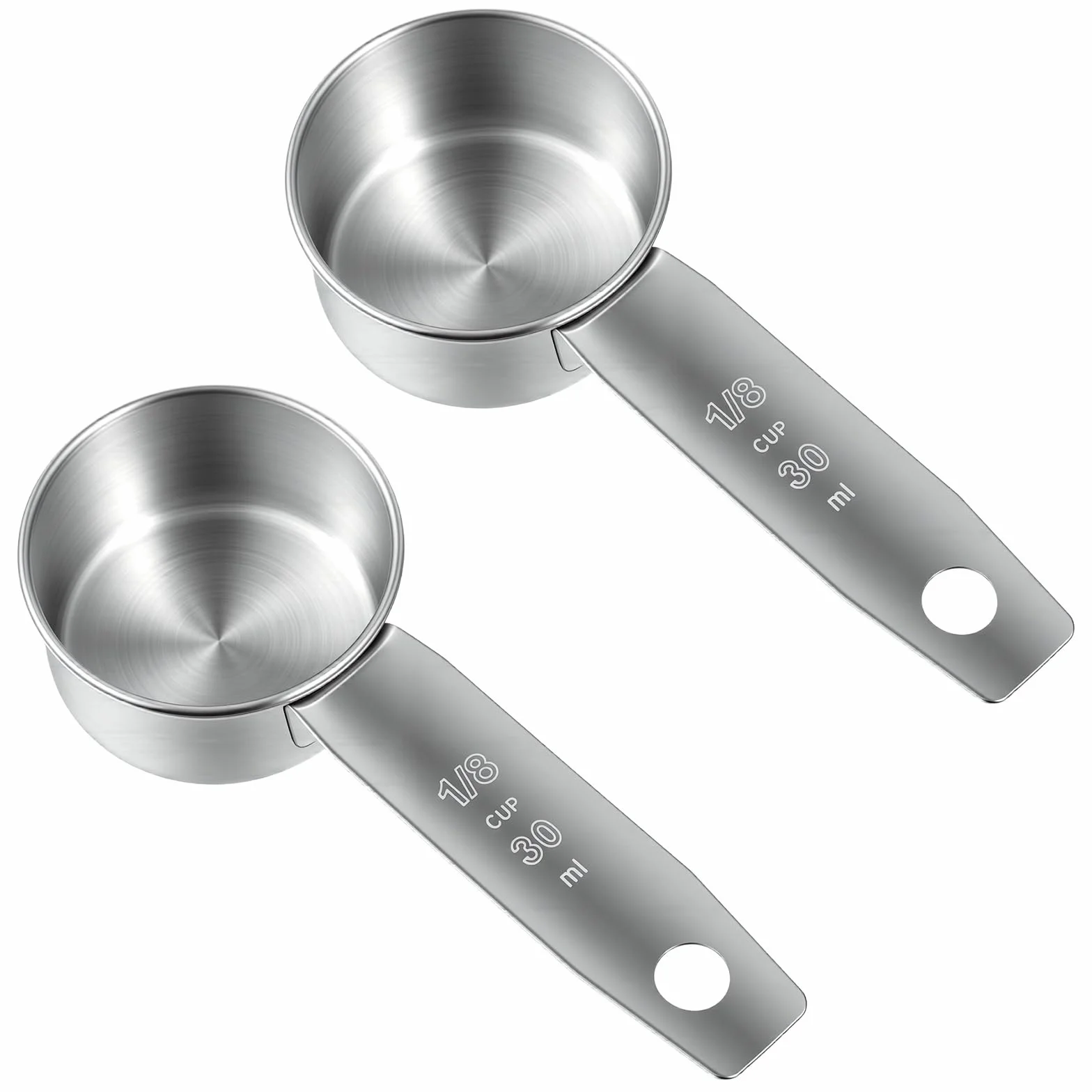 Tyqour 2 szt. 1/8 miarki 1/8 filiżanki (30 ml, 28 g) miarka 1/8 łyżeczki miarki ze stali nierdzewnej miarka do kawy trwałe metalowe kubki pomiarowe
