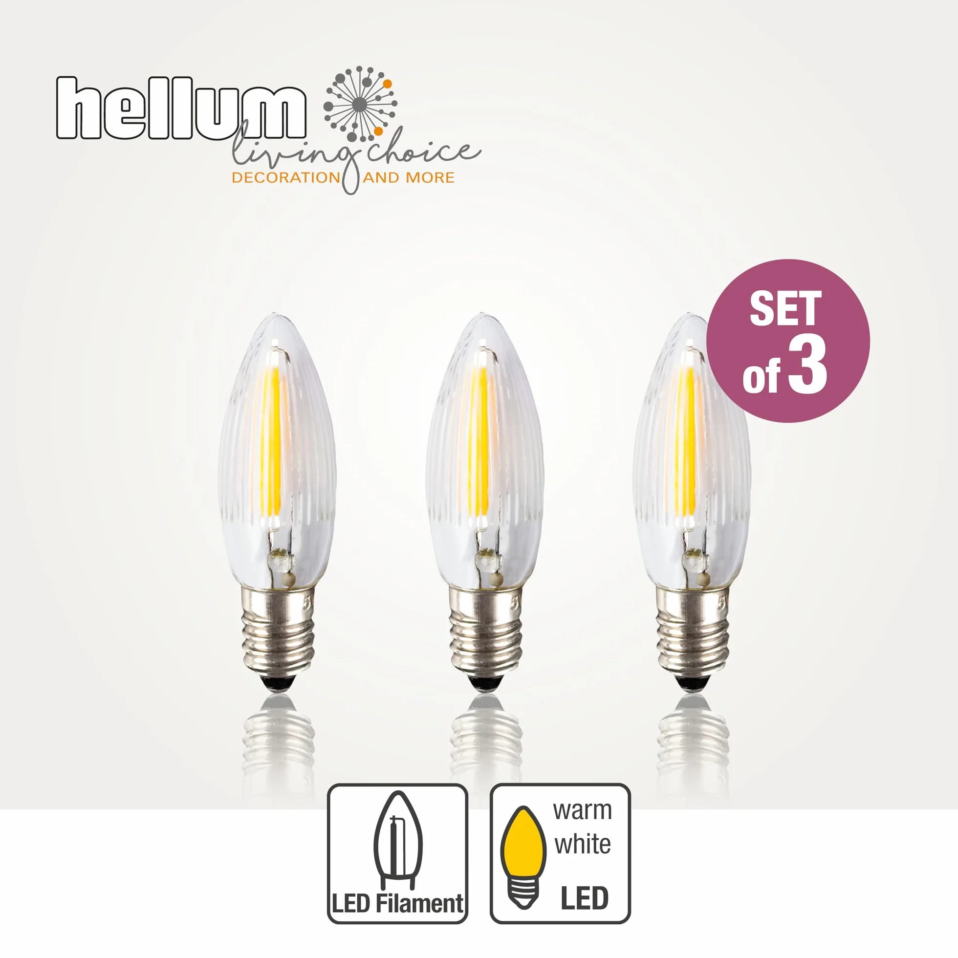 hellum Zapasowe świece LED filament 12 V 0,5 W do łańcuchów świetlnych i łuku świetlnego, 3 sztuki świec ryflowanych E10 (Ø 10 mm) pasują do 20 punktów świetlnych, 17 lumenów, zapasowe świece, łańcuch