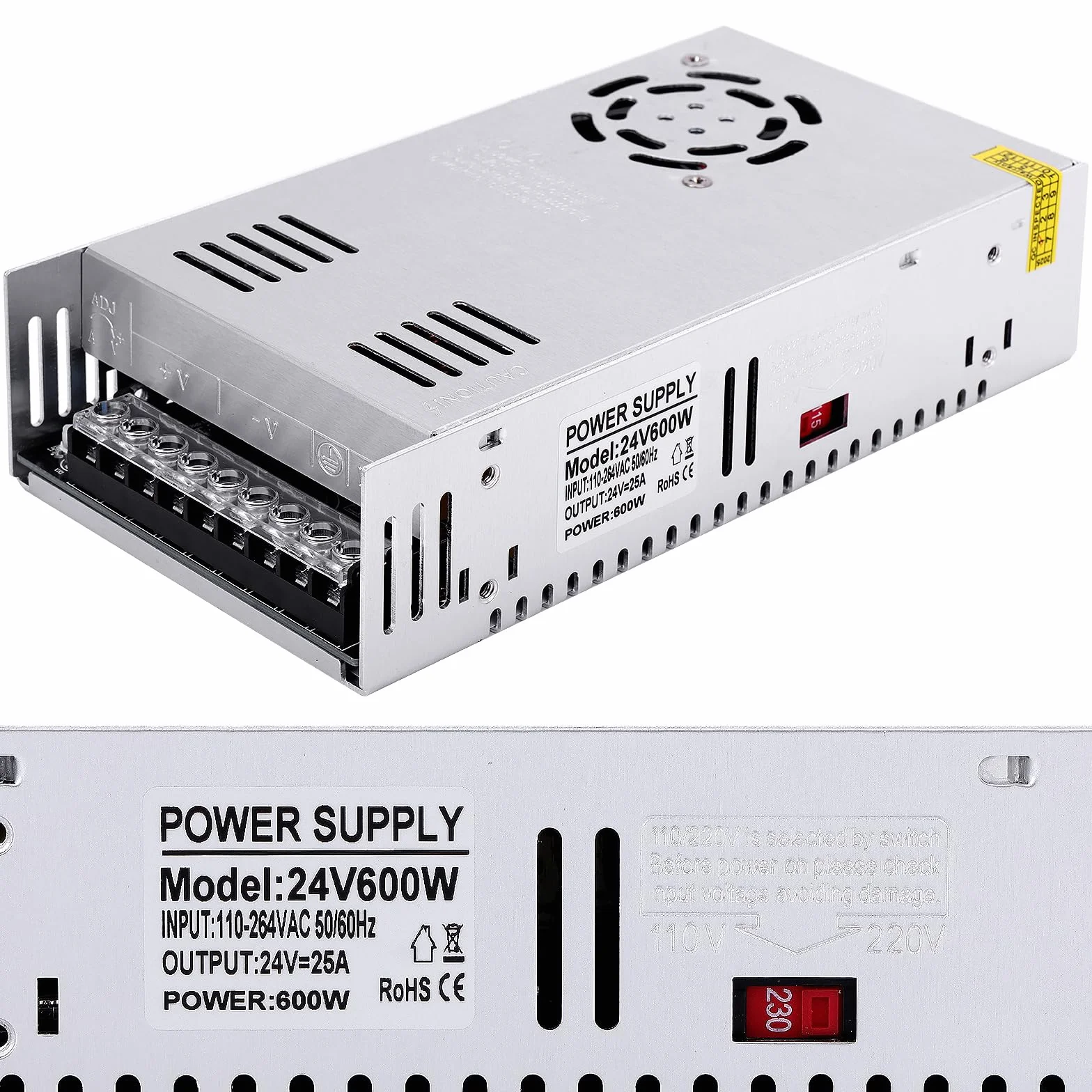 Uniwersalny regulowany zasilacz impulsowy 24 V 25 A 600 W DC zasilacz impulsowy AC adapter LED, konwerter, transformator, adapter do taśm świetlnych LED, CCTV, projektu komputerowego, radia