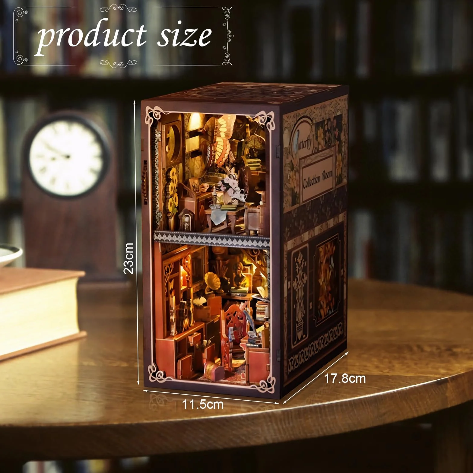 Book Nook DIY Kit - Drewniany model z oświetleniem LED i ochroną przeciwpyłową, kreatywna dekoracja półek, miniaturowy kącik książki dla dorosłych