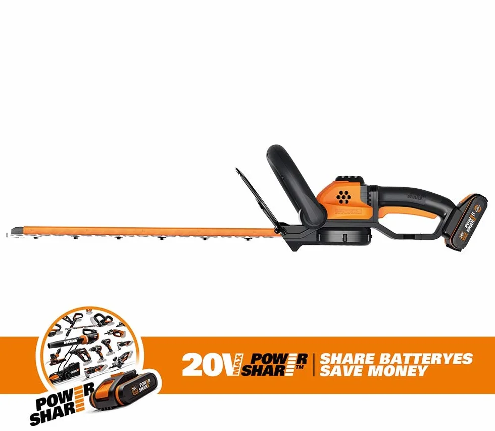 WORX Bezprzewodowy nożyk do żywopłotu 18V (20 V) WG261E, akumulator 1 szt. 20 V 2,0 Ah, długość ostrza 460 mm, rozstaw zębów 16 mm, podwójne ostrze, potrójny uchwyt z regulacją bezpieczeństwa