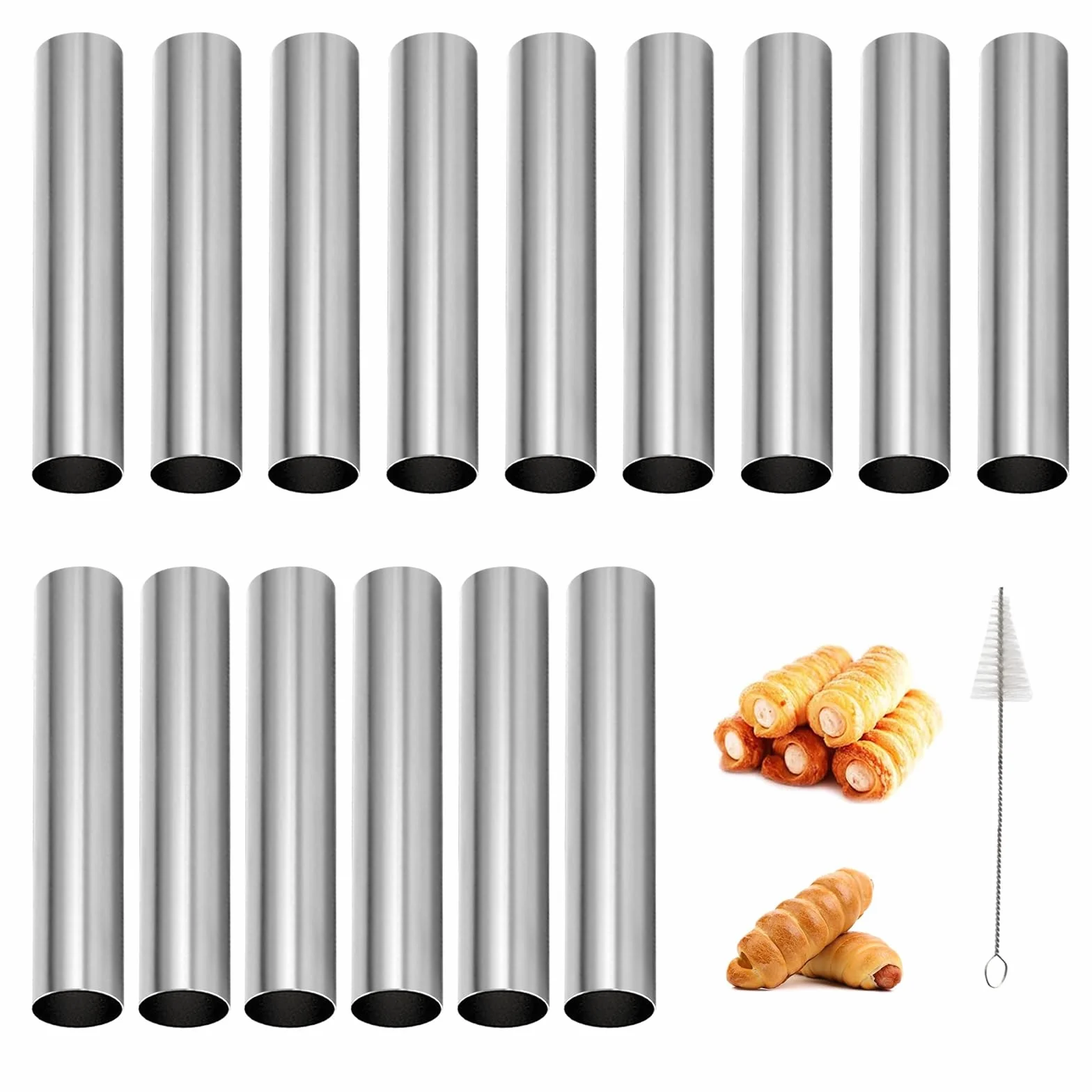 Zestaw form do cannoli - 15 sztuk form ze stali nierdzewnej, rurki 12 cm ze szczotką do czyszczenia, nieprzywierające formy na schillerlockeny, formy do rolek piankowych, forma na croissanty