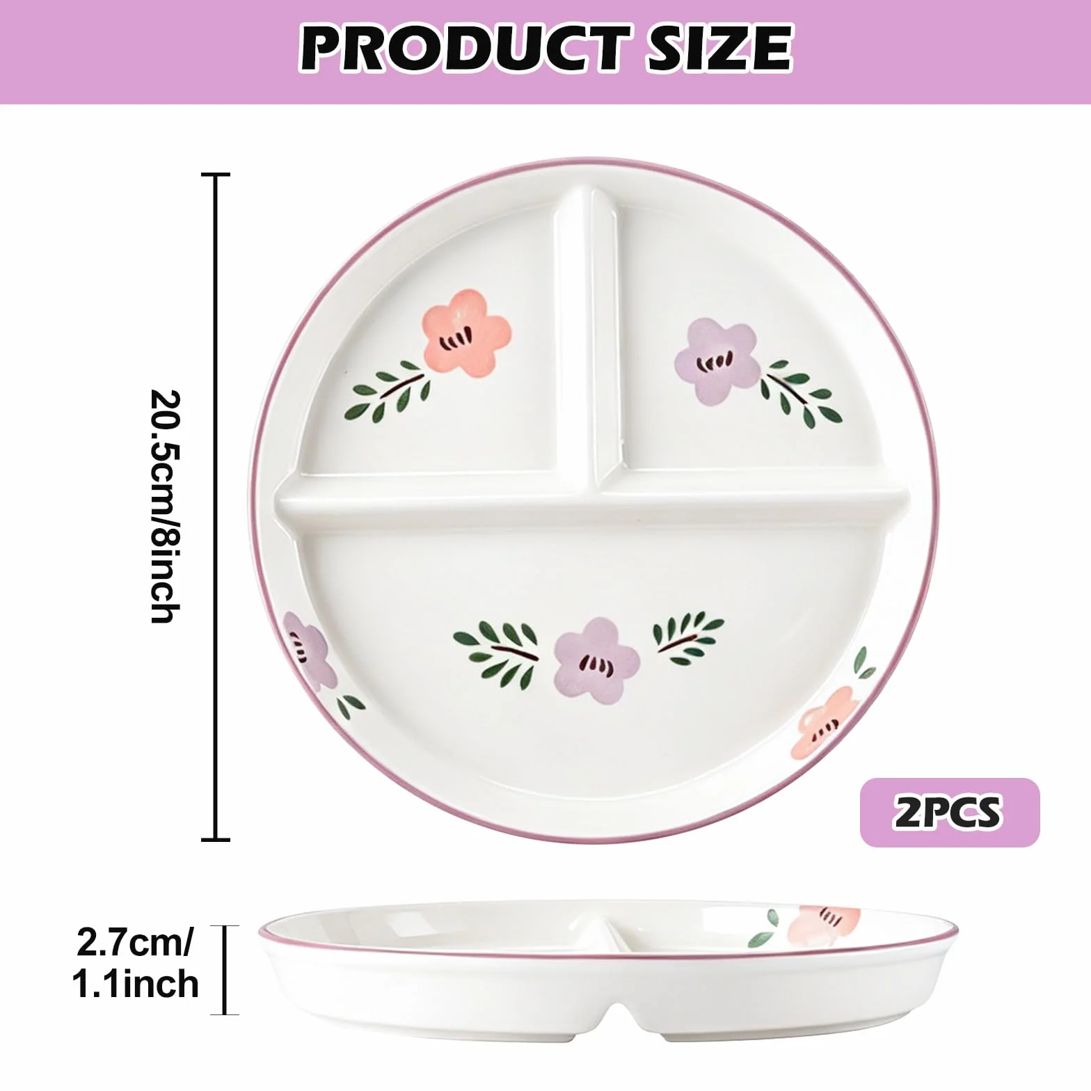 BYZESTY Talerz z przegródką dla dorosłych, 2 sztuki, 20 cm, ceramiczny talerz podzielony, talerz kontrolny dla dorosłych, sałatki, desery, przekąski, imprezy, przekąski, przekąski, przekąski