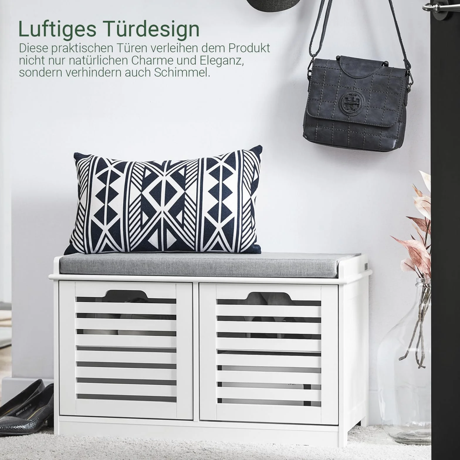 SoBuy FSR23-II-W Szafka na Buty z Siedziskiem, Ławka do Garderoby i Przechowywania, Wąska Biała, Szer. x Wys. x Gł.: ok. 71 x 43 x 35 cm