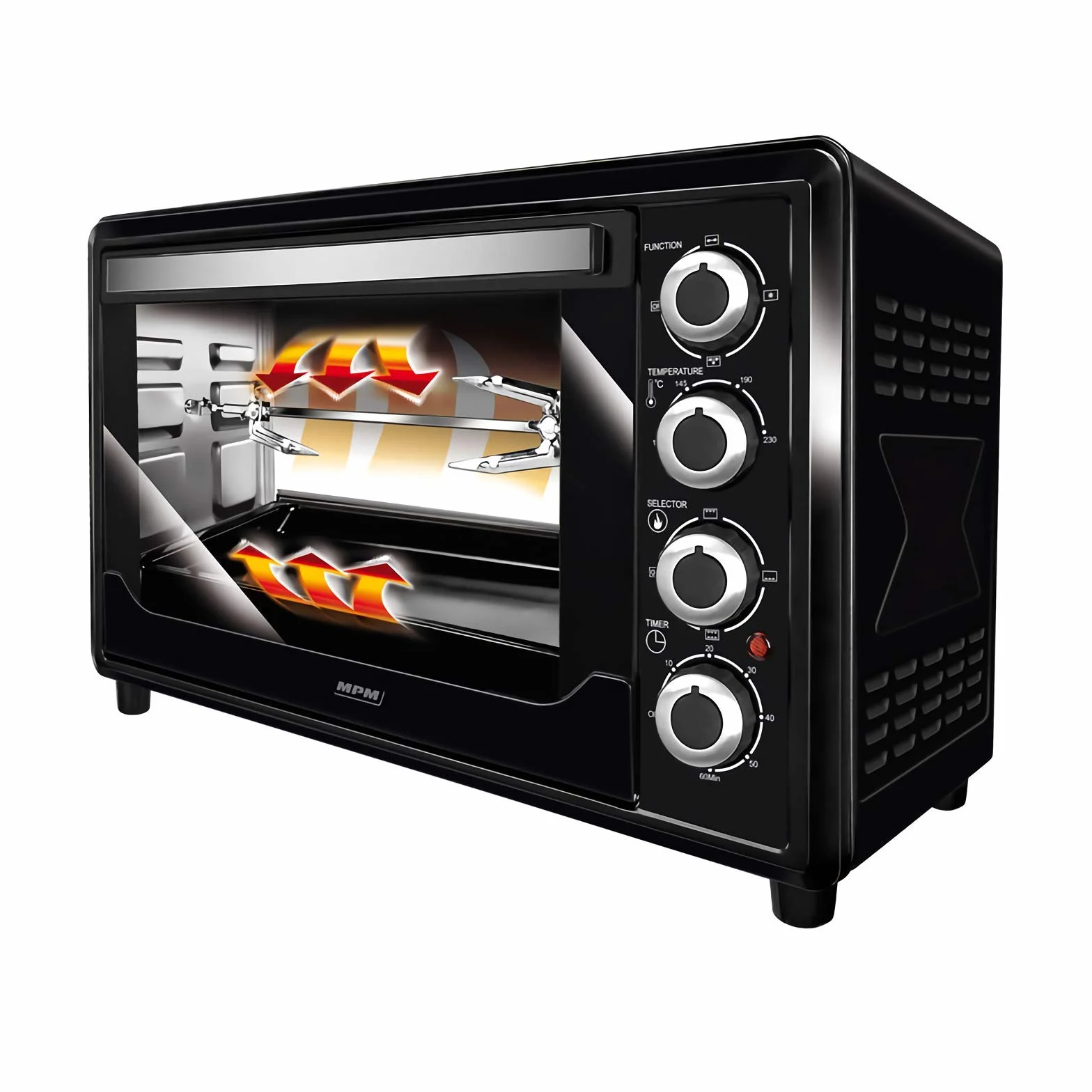 MPM MPE-07/T Piekarnik elektryczny, Termoobieg, Pojemność 45 l, Regulacja Temperatury (od 100 do 230°C), Czasomierz 60 minut, Rożen do Kurczaka,Obudowa ze Stali Nierdzewnej w Kolorze Czarnym, 2000W