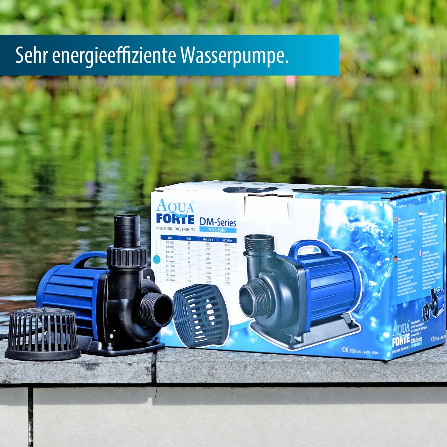 AquaForte DM-8 000 pompa do oczka wodnego/filtracyjnego, 70 W, maks. przepływ 8 m³/h, maks. wysokość tłoczenia 4,5 m, długość kabla 10 m, odpowiednia do cieków wodnych, wodospadów i filtrów