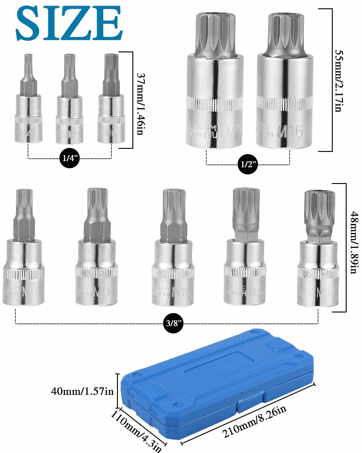 Bixury 10-częściowy zestaw nasadek wielozębnych 1/2″, 1/4″, 3/8″ do wkrętarki udarowej, imbusowe nasadki wewnętrzne M4, M5, M6, M8, M10, M12, M14, M16, M18, z niebieskim pudełkiem do przechowywania